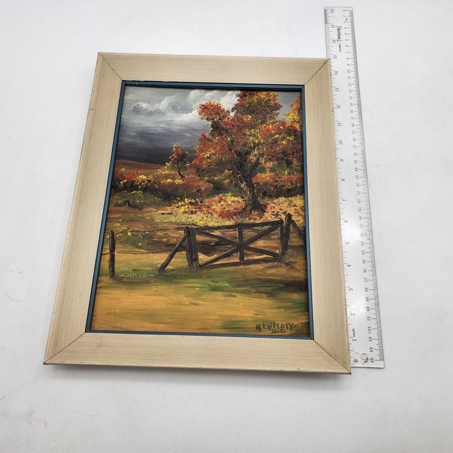 Vintage M. Lafferty Oil Painting Autumn Landscape In Wood Frame