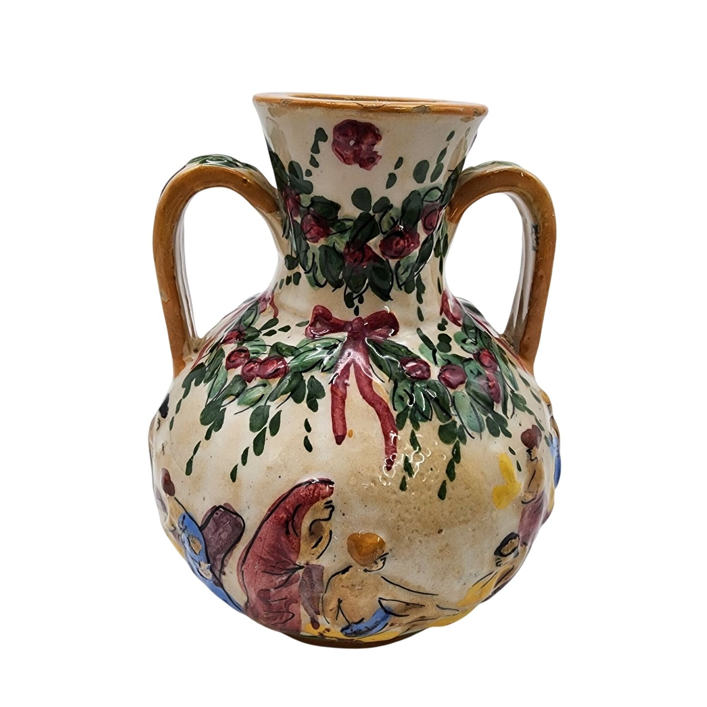 Vintage Cellini Majolica Hand-Painted Double Handled Vase With Bathing Scene & Floral Motifs