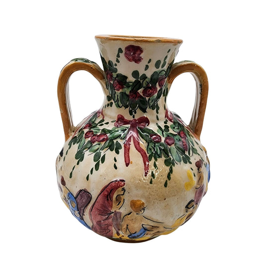 Vintage Cellini Majolica Hand-Painted Double Handled Vase With Bathing Scene & Floral Motifs