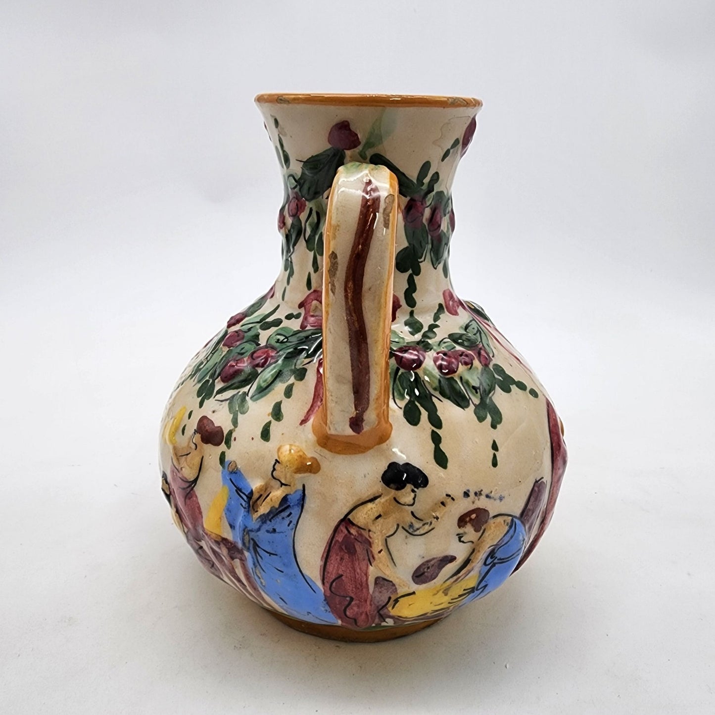Vintage Cellini Majolica Hand-Painted Double Handled Vase With Bathing Scene & Floral Motifs