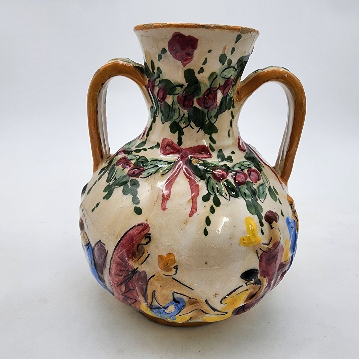 Vintage Cellini Majolica Hand-Painted Double Handled Vase With Bathing Scene & Floral Motifs