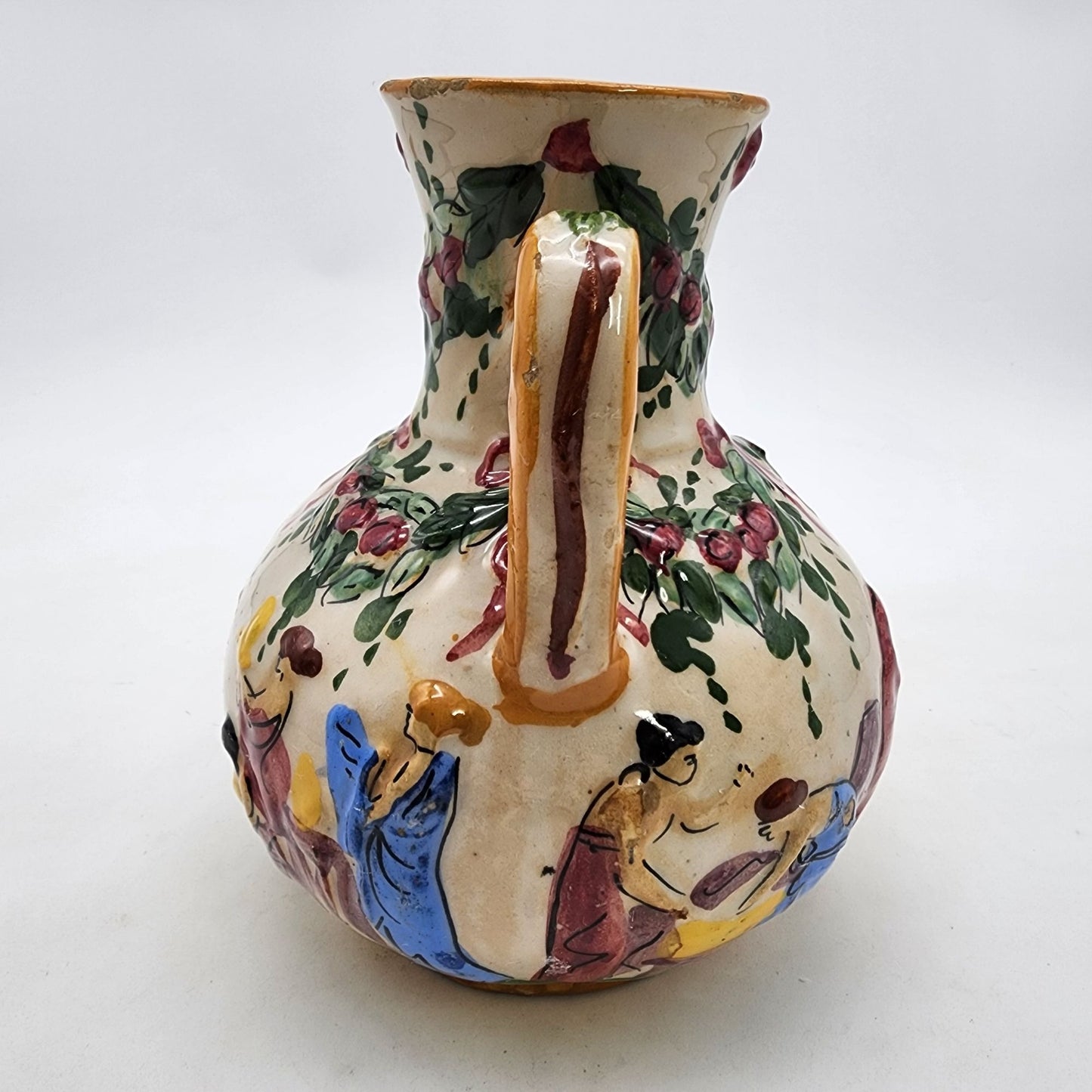 Vintage Cellini Majolica Hand-Painted Double Handled Vase With Bathing Scene & Floral Motifs