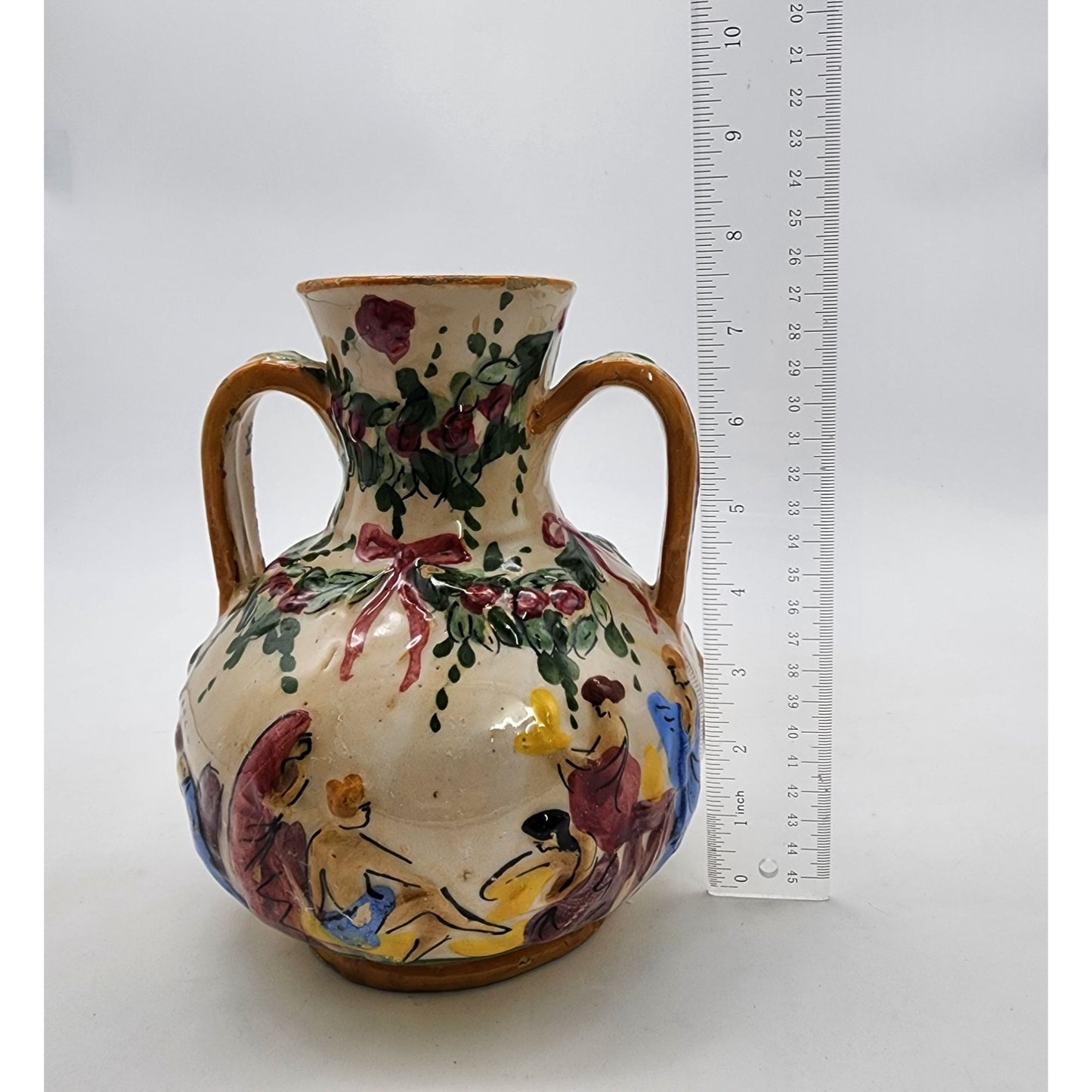 Vintage Cellini Majolica Hand-Painted Double Handled Vase With Bathing Scene & Floral Motifs