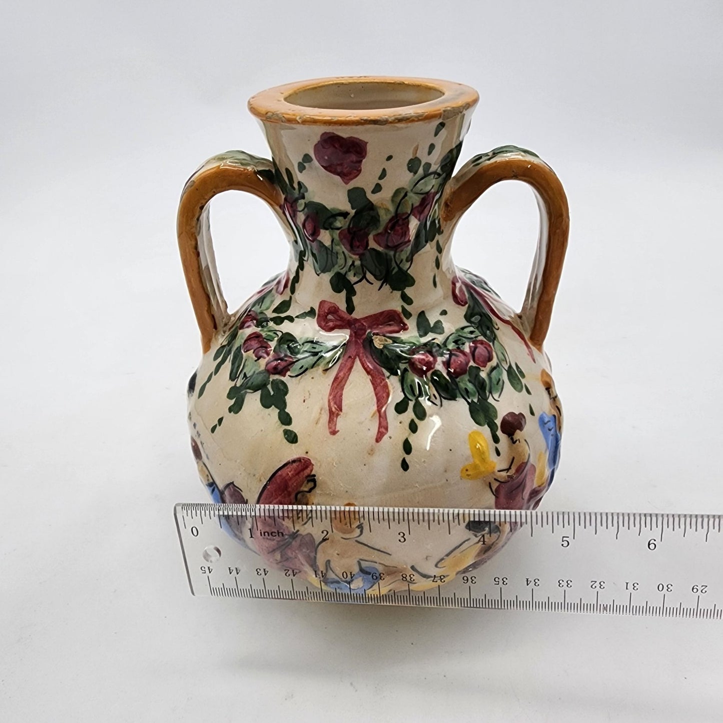 Vintage Cellini Majolica Hand-Painted Double Handled Vase With Bathing Scene & Floral Motifs