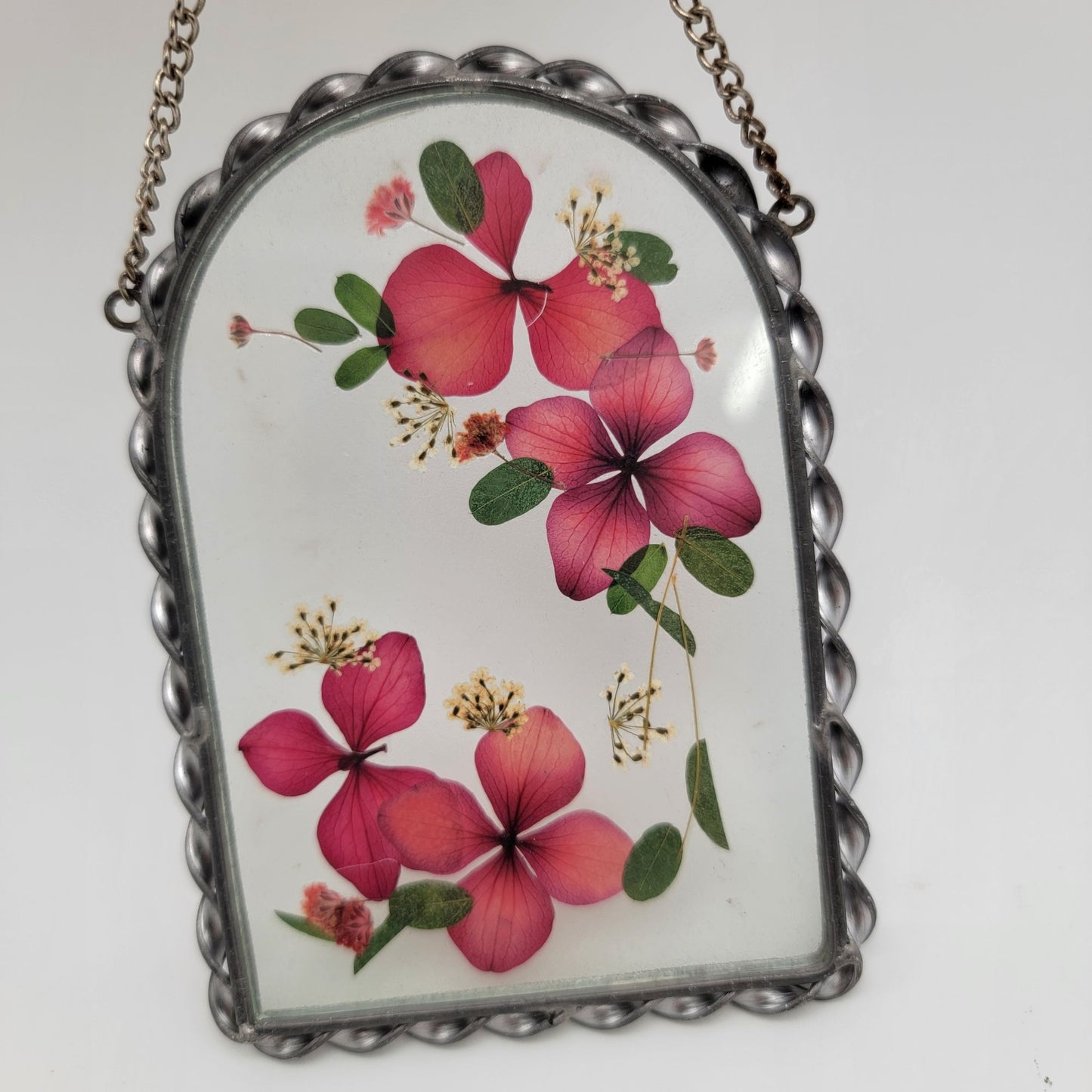 Vintage Pressed Flowers Glass Suncatcher Wall Hanging Dark Pink