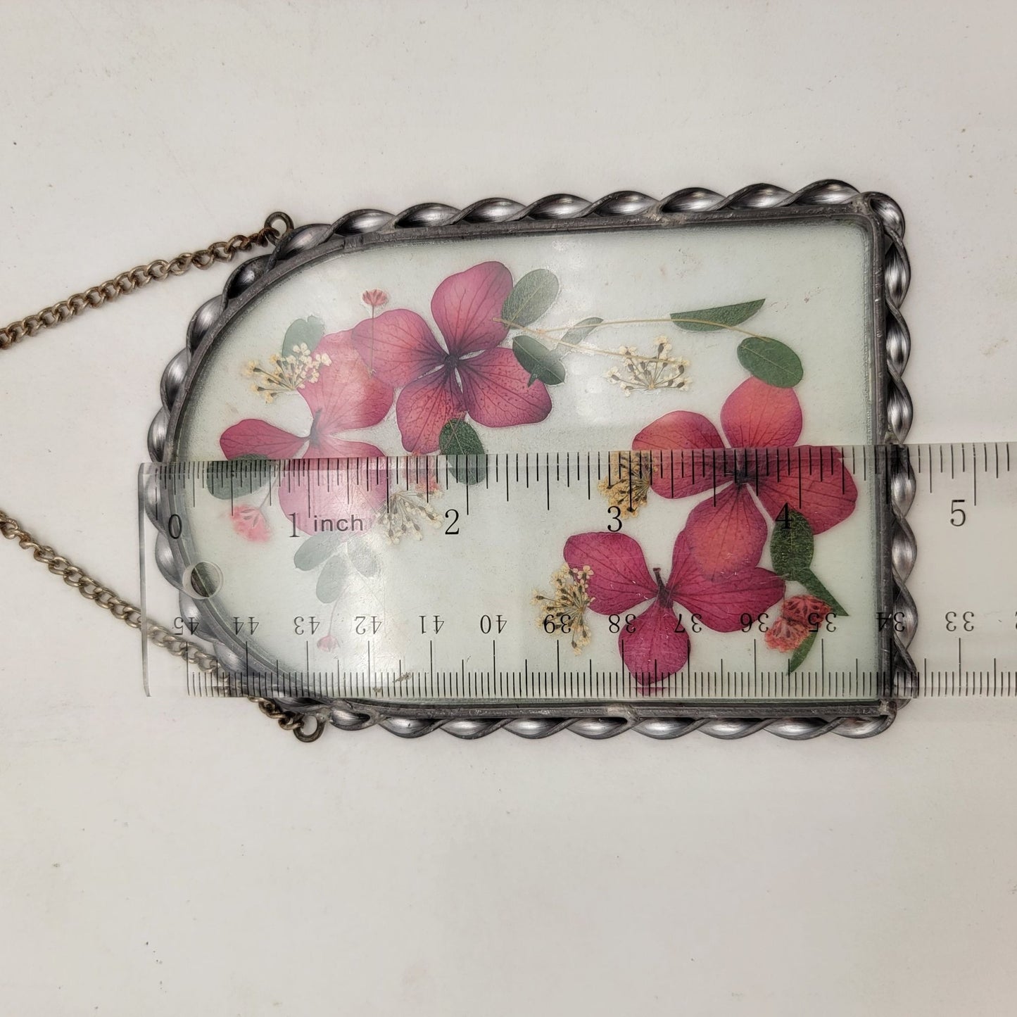Vintage Pressed Flowers Glass Suncatcher Wall Hanging Dark Pink