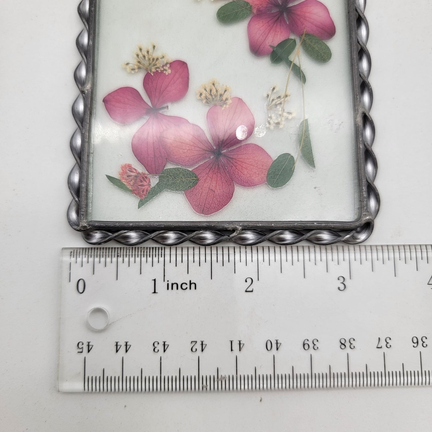 Vintage Pressed Flowers Glass Suncatcher Wall Hanging Dark Pink