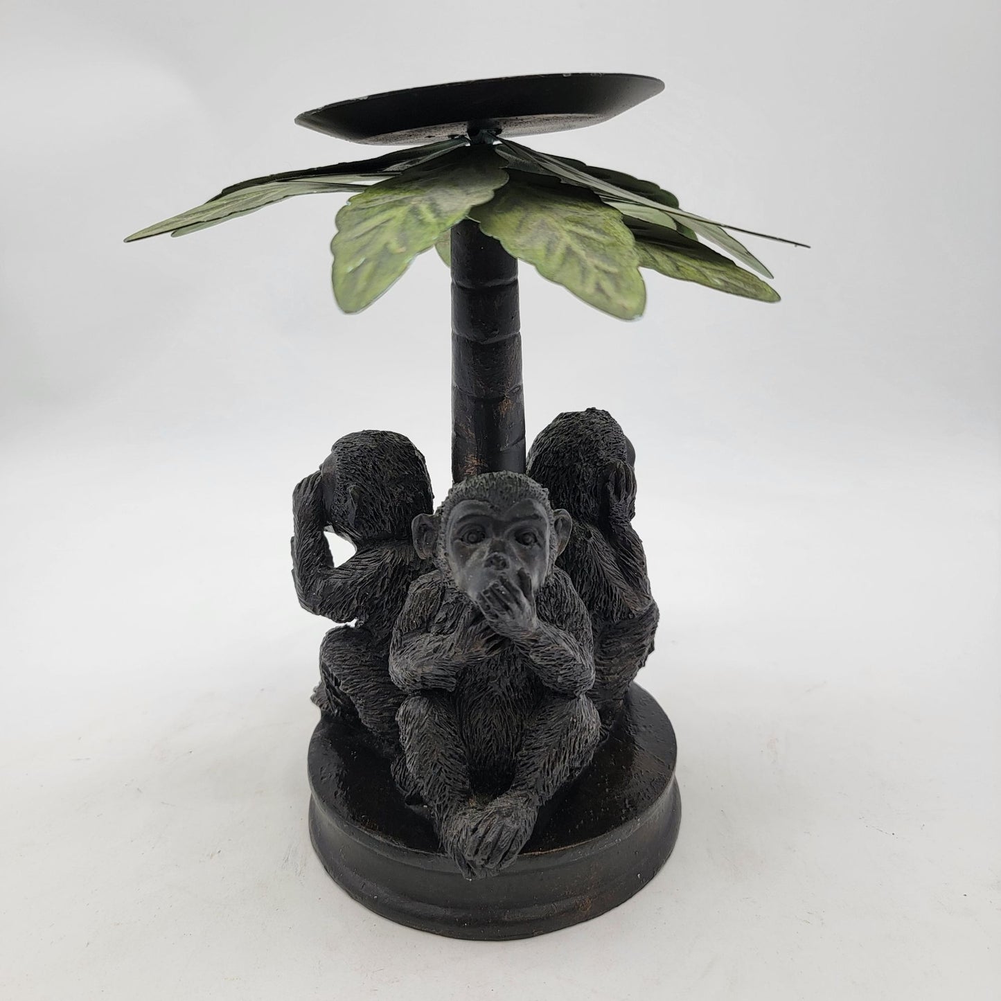 Three Wise Monkeys Candle Holder With Palm Leaf Shade