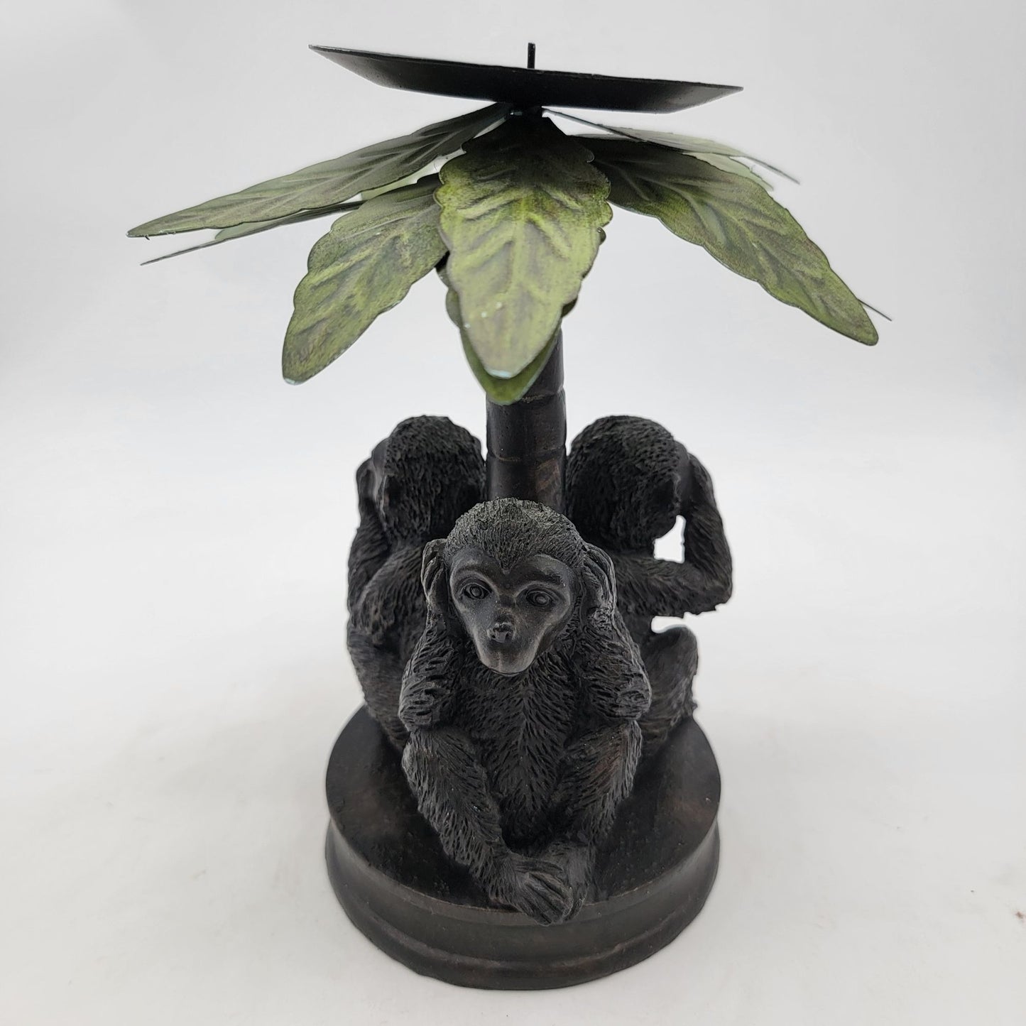 Three Wise Monkeys Candle Holder With Palm Leaf Shade