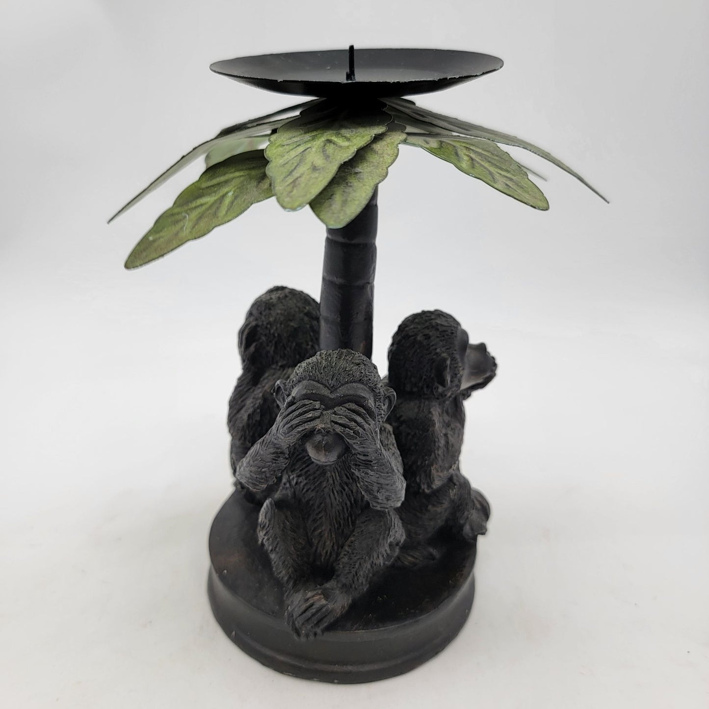 Three Wise Monkeys Candle Holder With Palm Leaf Shade