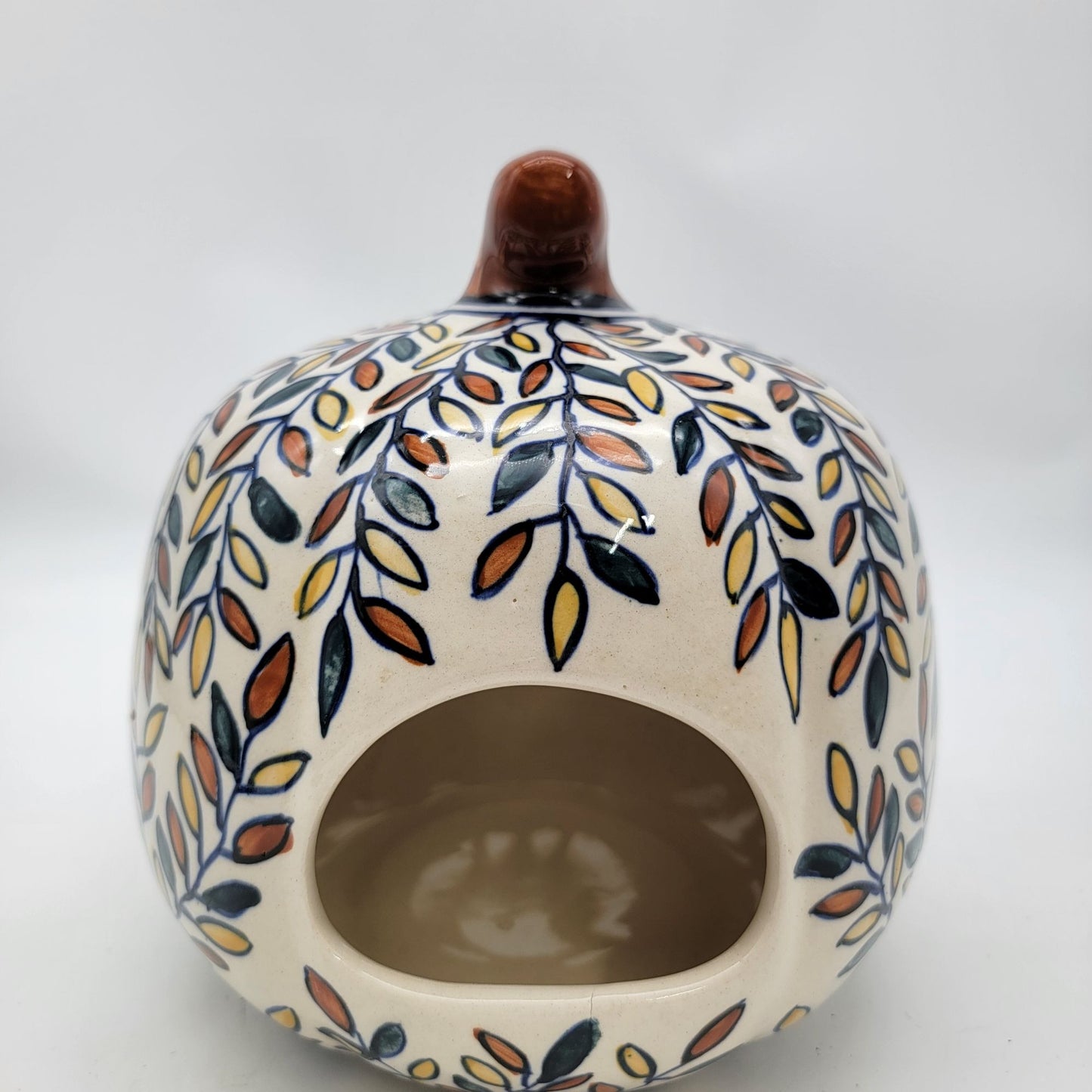 Talavera Style Halloween Pumpkin Jack-O-Lantern White with All over Leaf Pattern