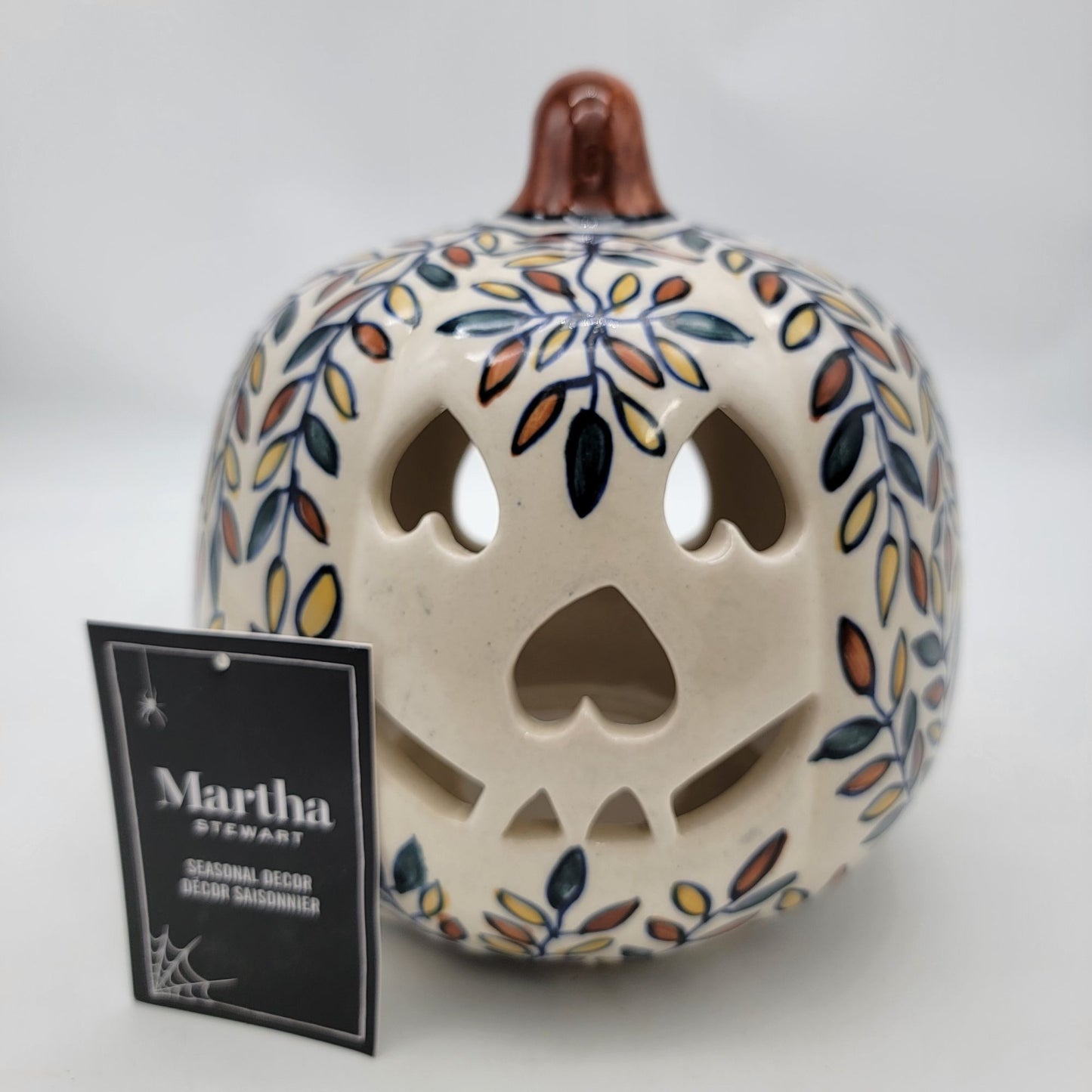 Talavera Style Halloween Pumpkin Jack-O-Lantern White with All over Leaf Pattern