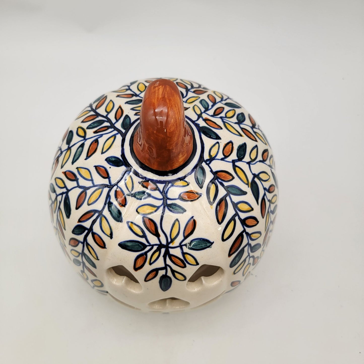 Talavera Style Halloween Pumpkin Jack-O-Lantern White with All over Leaf Pattern
