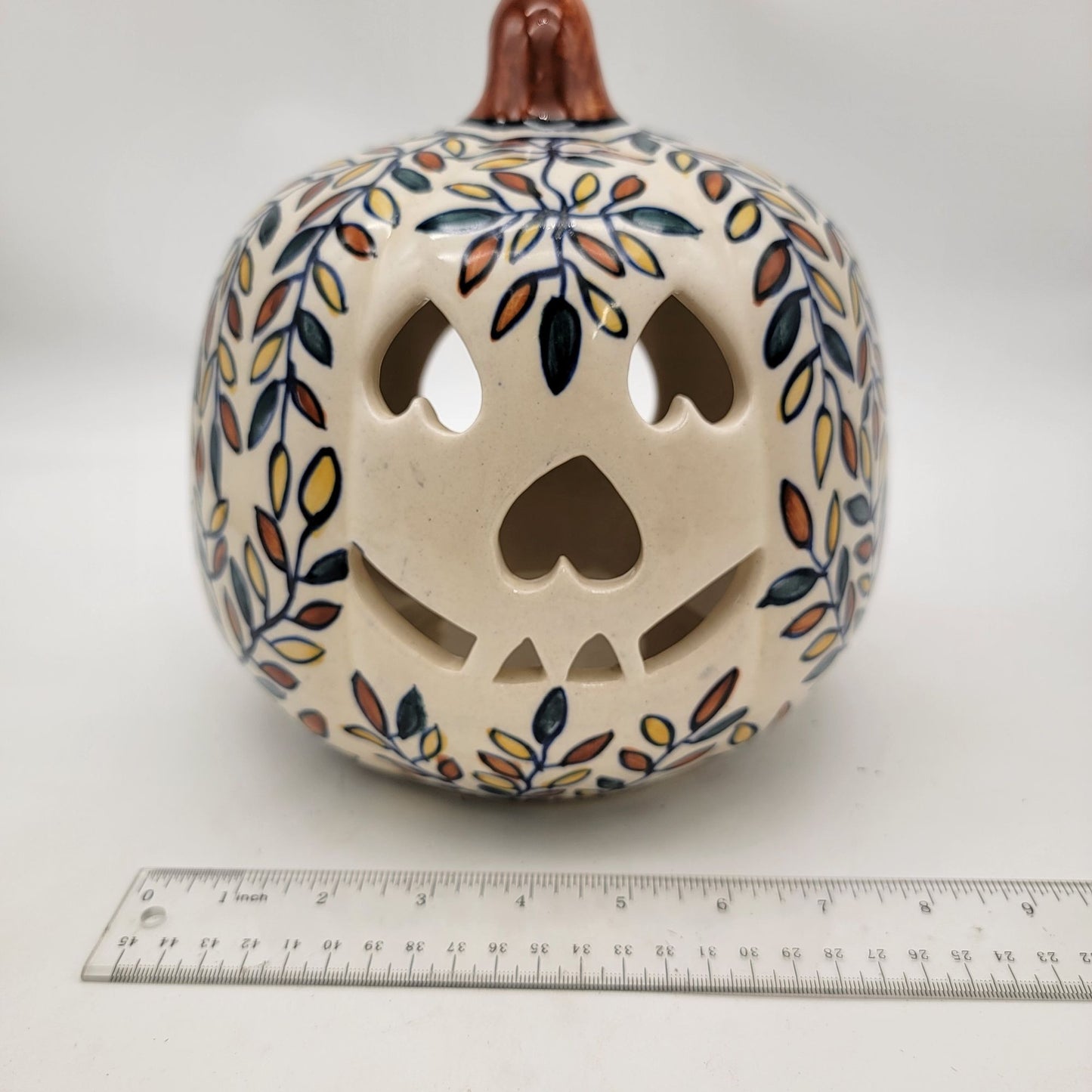 Talavera Style Halloween Pumpkin Jack-O-Lantern White with All over Leaf Pattern