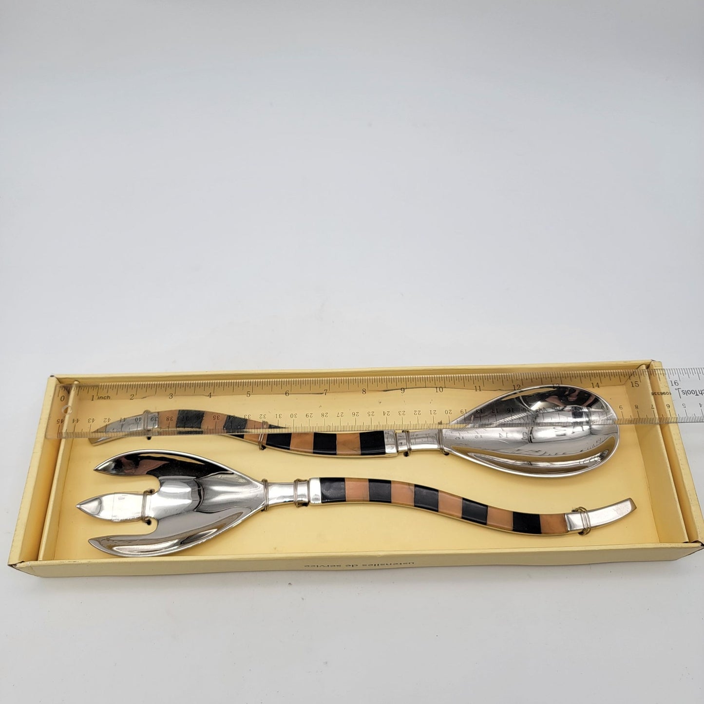 Elegant Vintage Silver & Striped Buffet Server Utensil Set By Pier 1 Imports