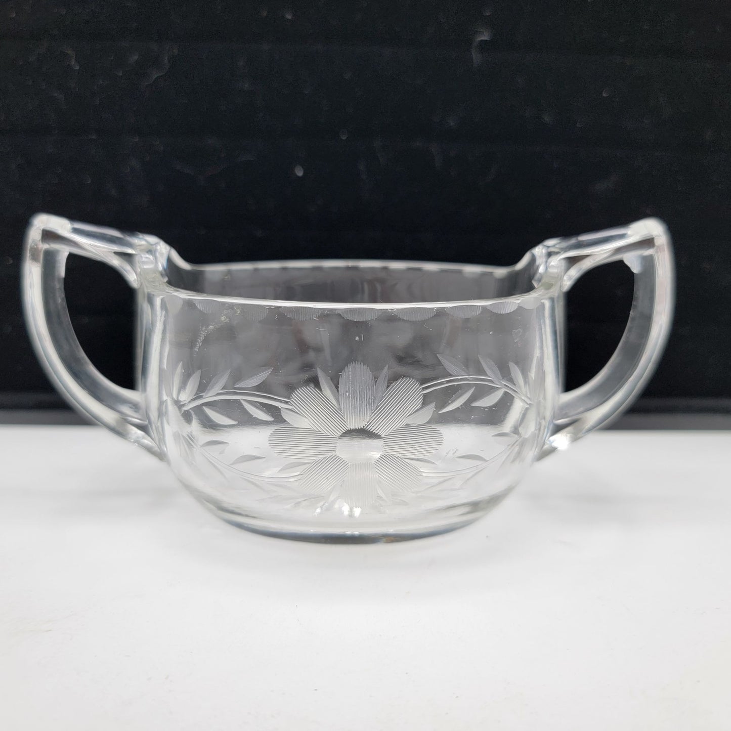 Antique 1920's Etched Glass Sugar Bowl With Handles