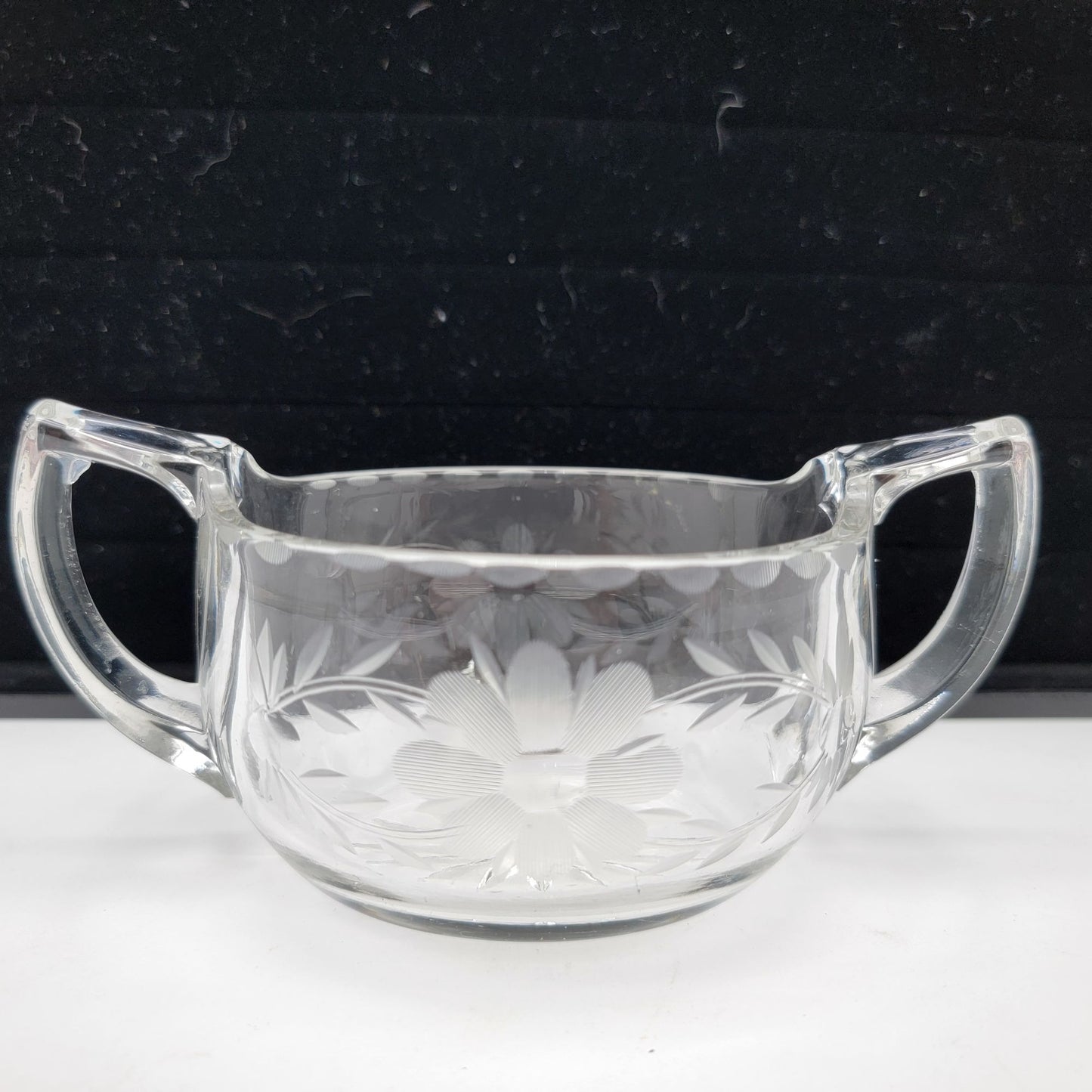 Antique 1920's Etched Glass Sugar Bowl With Handles