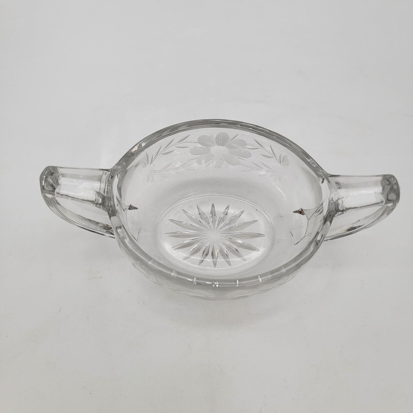 Antique 1920's Etched Glass Sugar Bowl With Handles