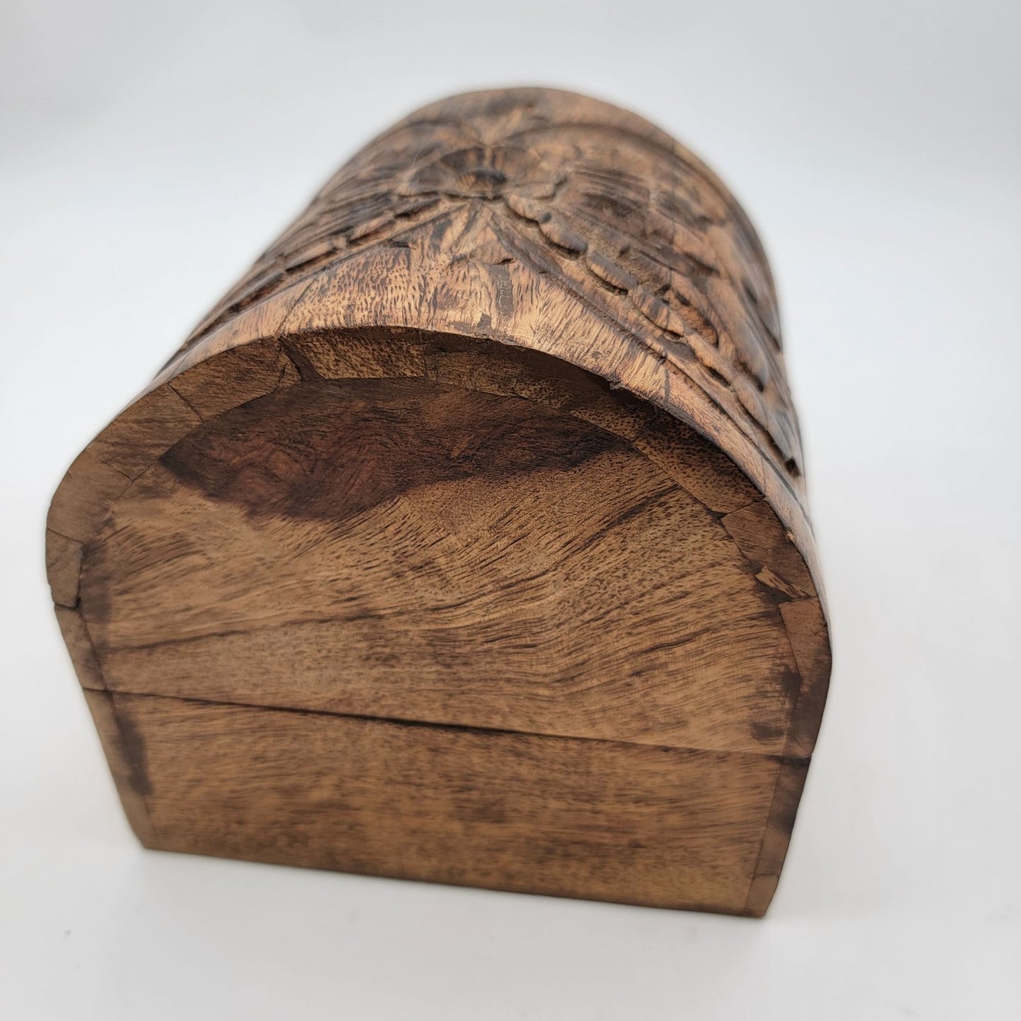 Vintage Hand-Carved Wooden Jewelry Box With Hinged Lid