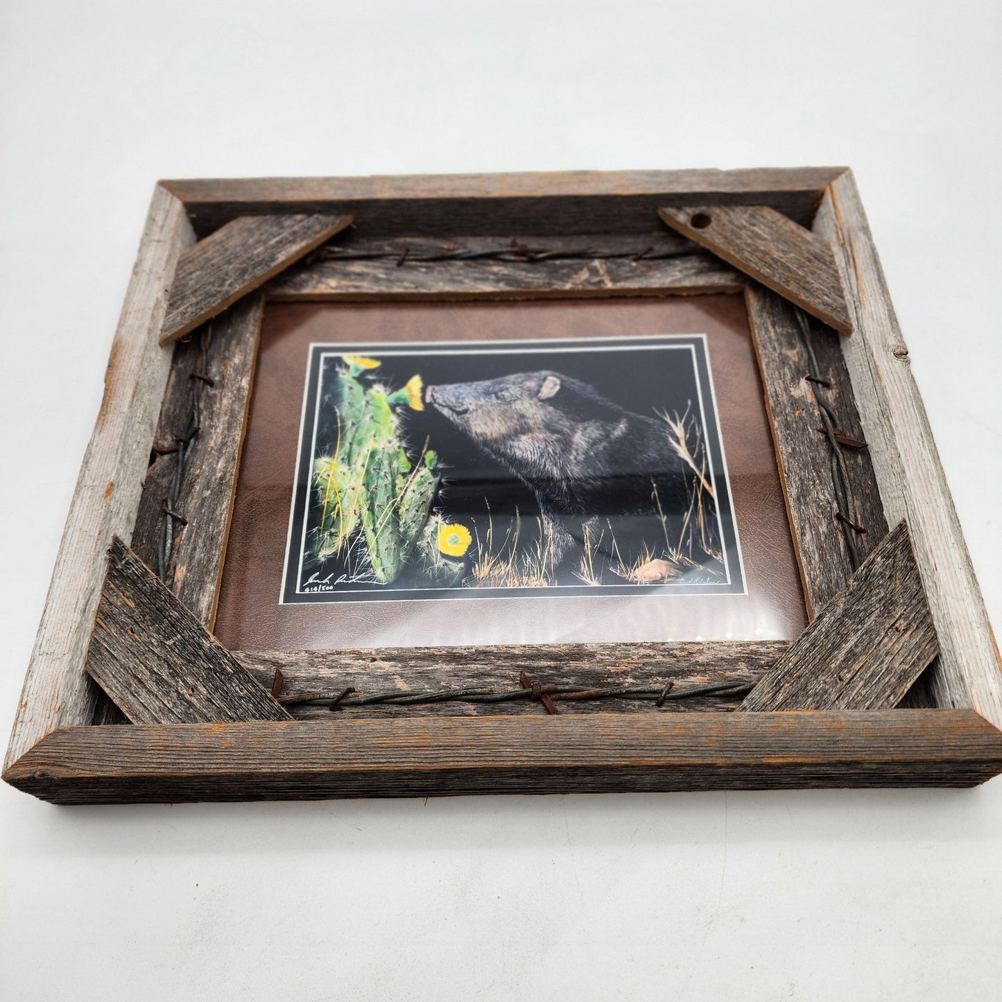 Wild Boar Scratchboard Art By Joseph Robertson Signed & Numbered With Reclaimed Wood Frame