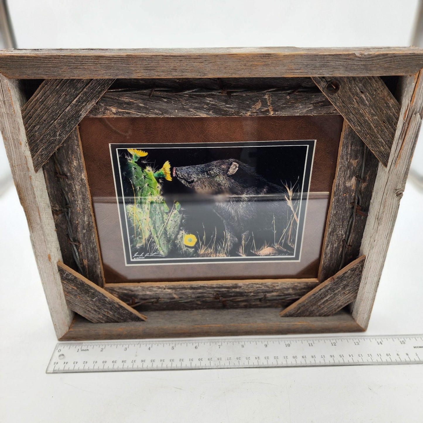 Wild Boar Scratchboard Art By Joseph Robertson Signed & Numbered With Reclaimed Wood Frame