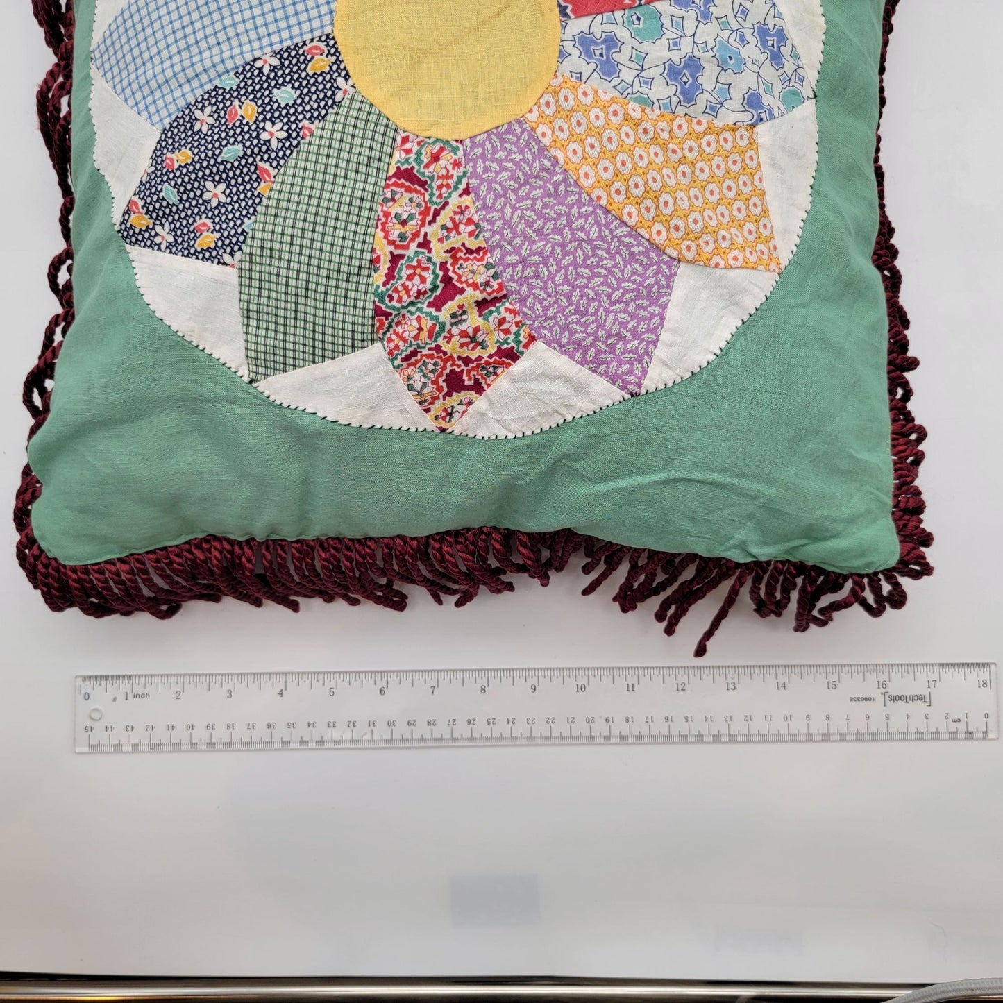 Vintage Quilted Patchwork Square Pillow Dresden Plate Pattern with Fringe