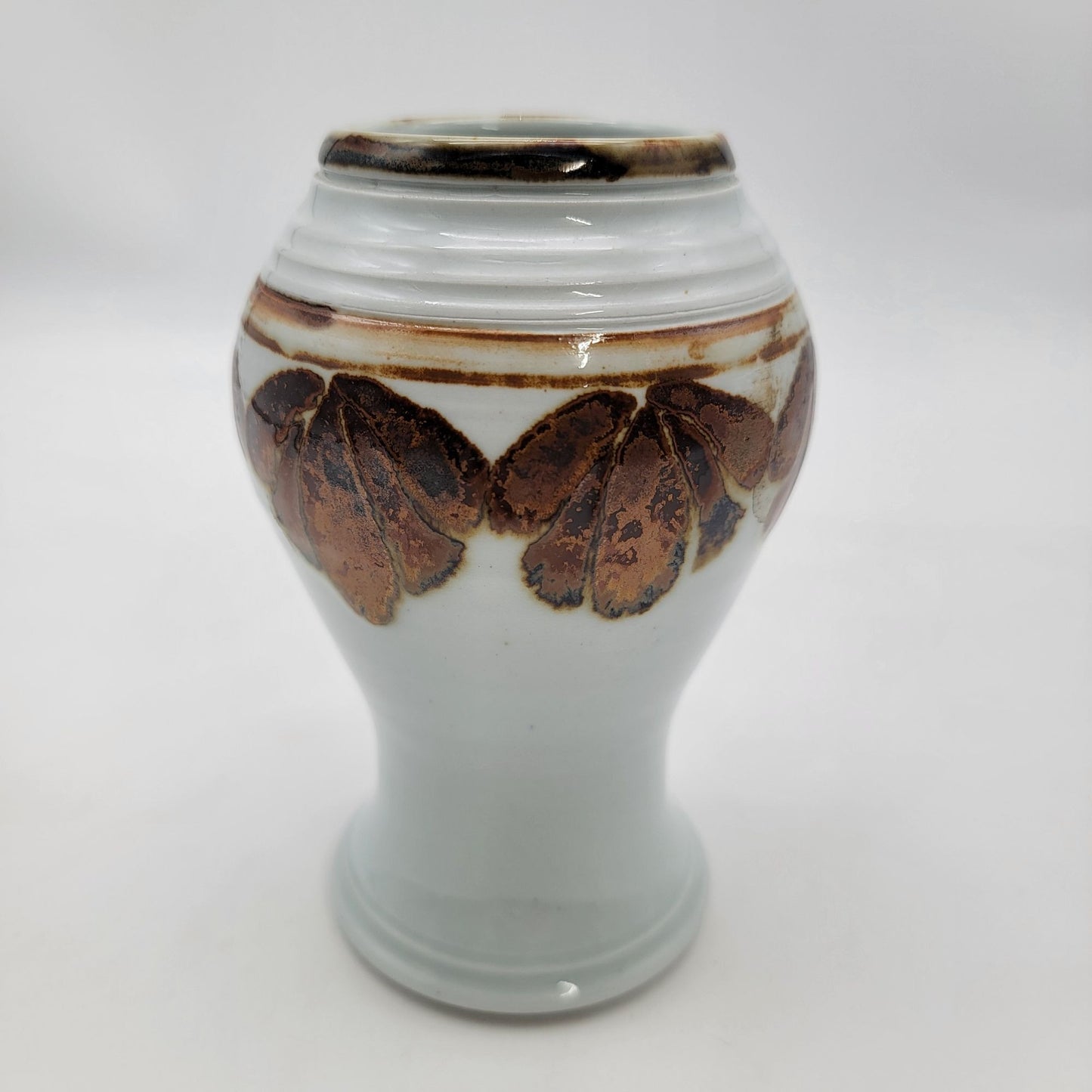 Vintage Art Pottery Vase With Brown Leaf Design