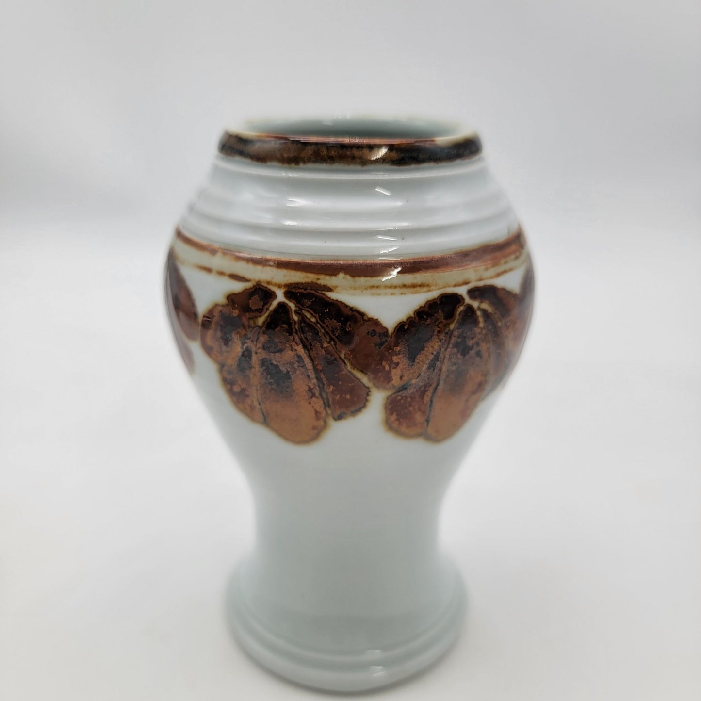 Vintage Art Pottery Vase With Brown Leaf Design
