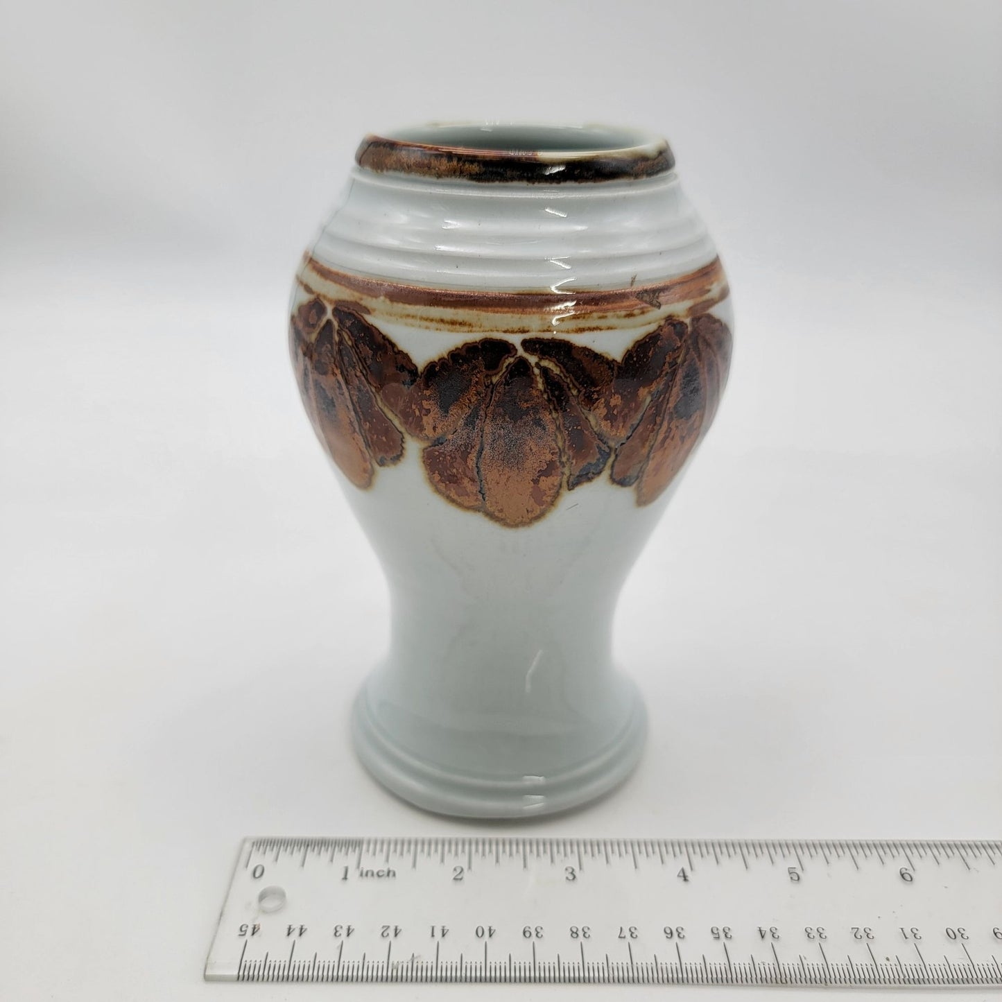 Vintage Art Pottery Vase With Brown Leaf Design