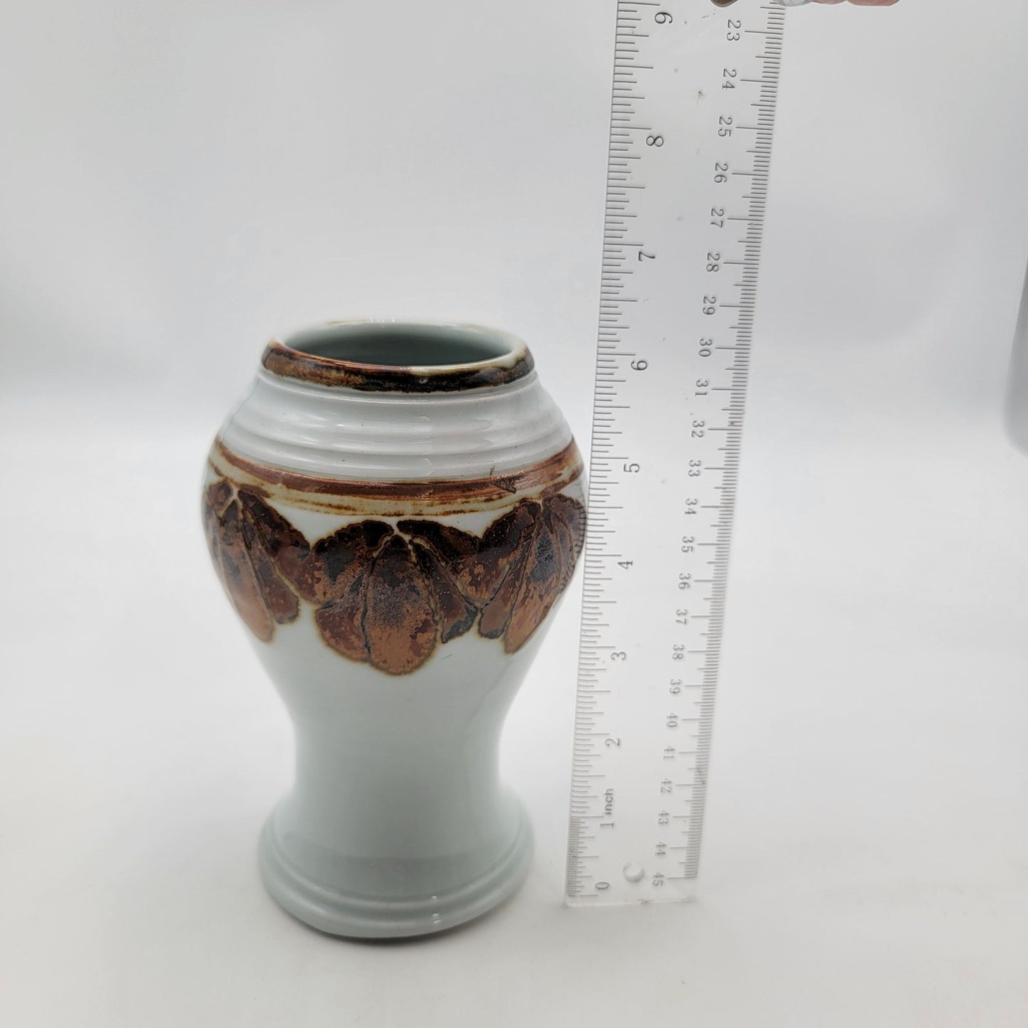 Vintage Art Pottery Vase With Brown Leaf Design