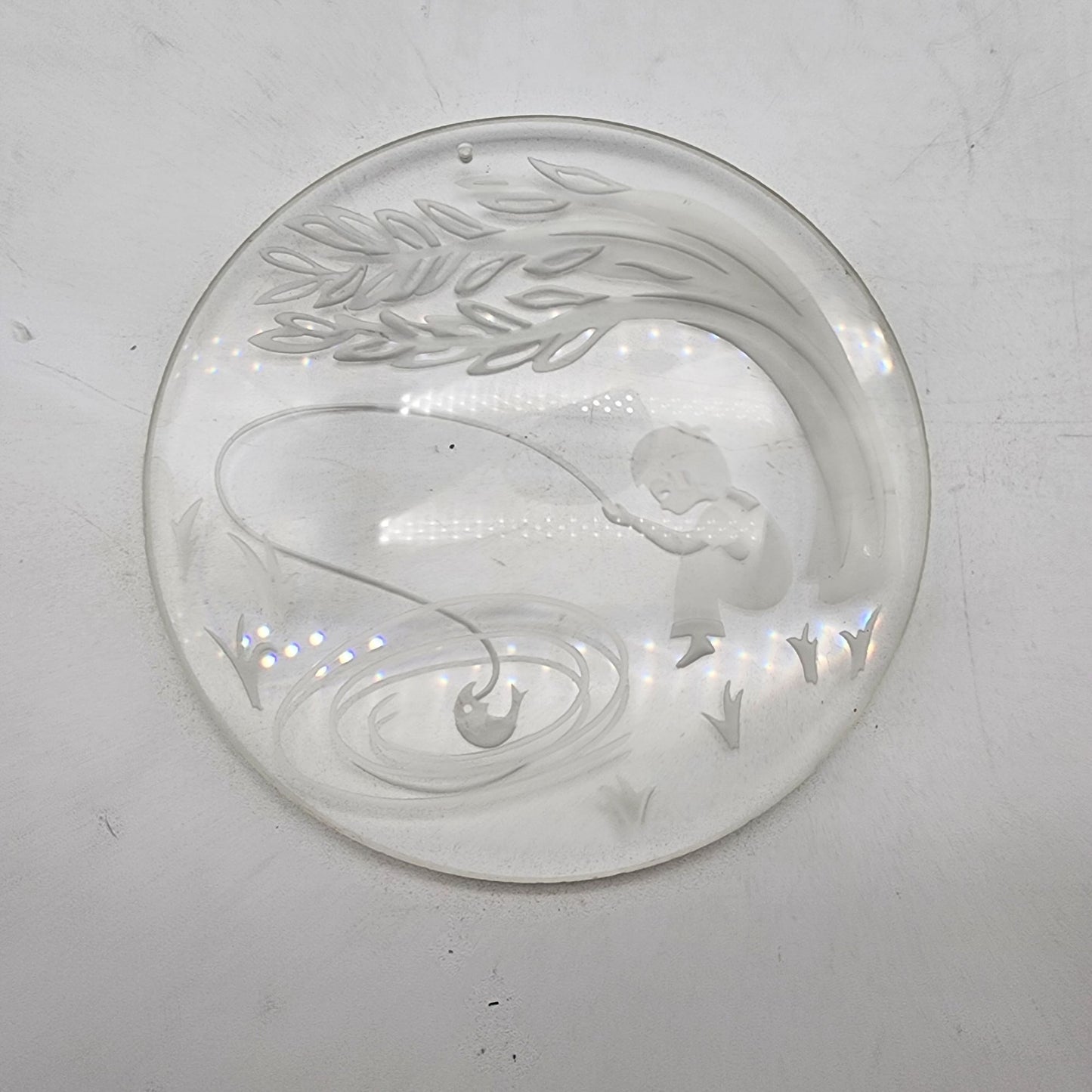 Vintage Glass Suncatcher Prism With Etched Child & Fishing Scene