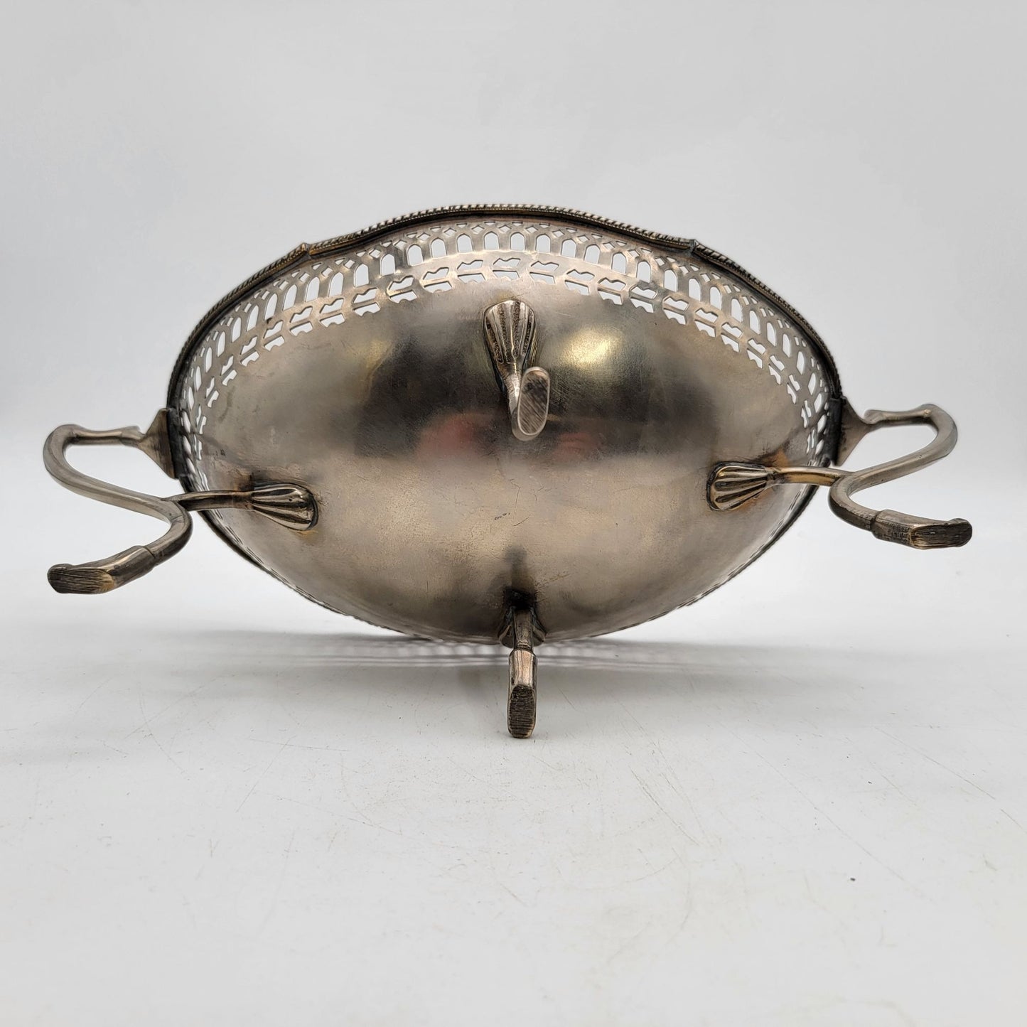 Antique Silver-Plated Reticulated Cake Basket With Scalloped Edges & Ornate Handles