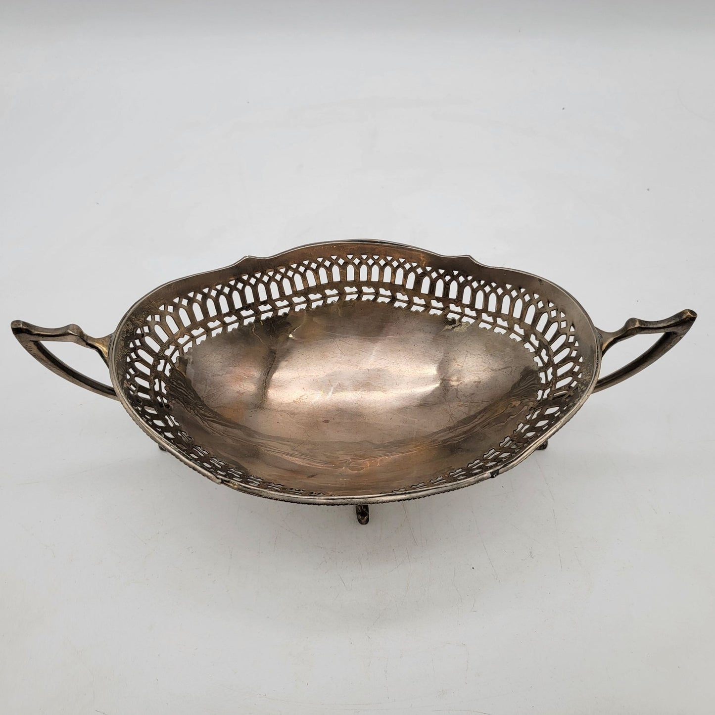Antique Silver-Plated Reticulated Cake Basket With Scalloped Edges & Ornate Handles