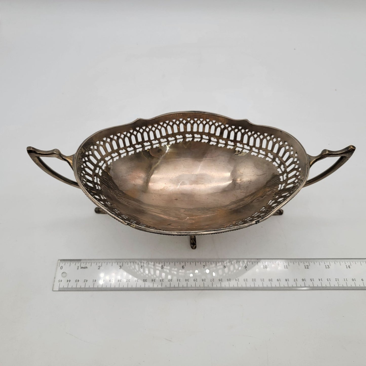 Antique Silver-Plated Reticulated Cake Basket With Scalloped Edges & Ornate Handles