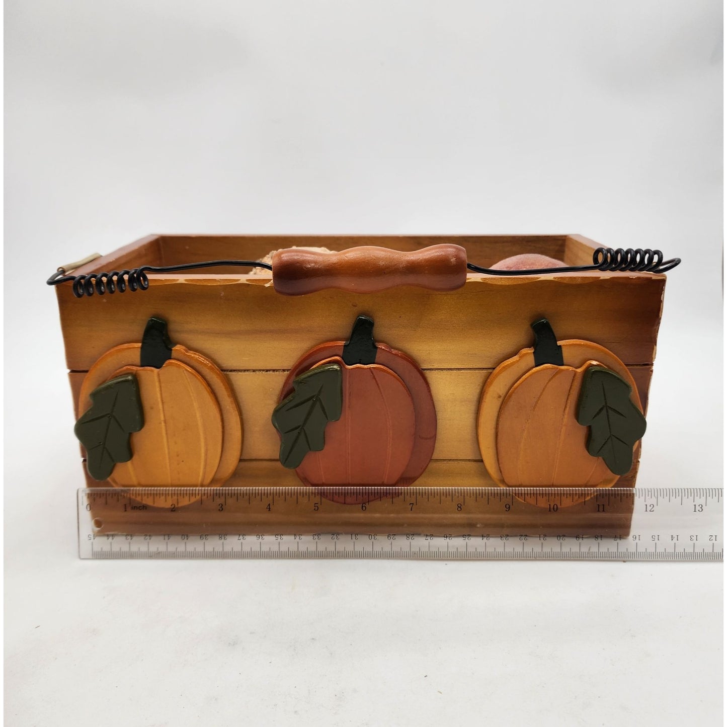 Rustic Wooden Pumpkin Basket With Sugared Gourds & Wire Handle