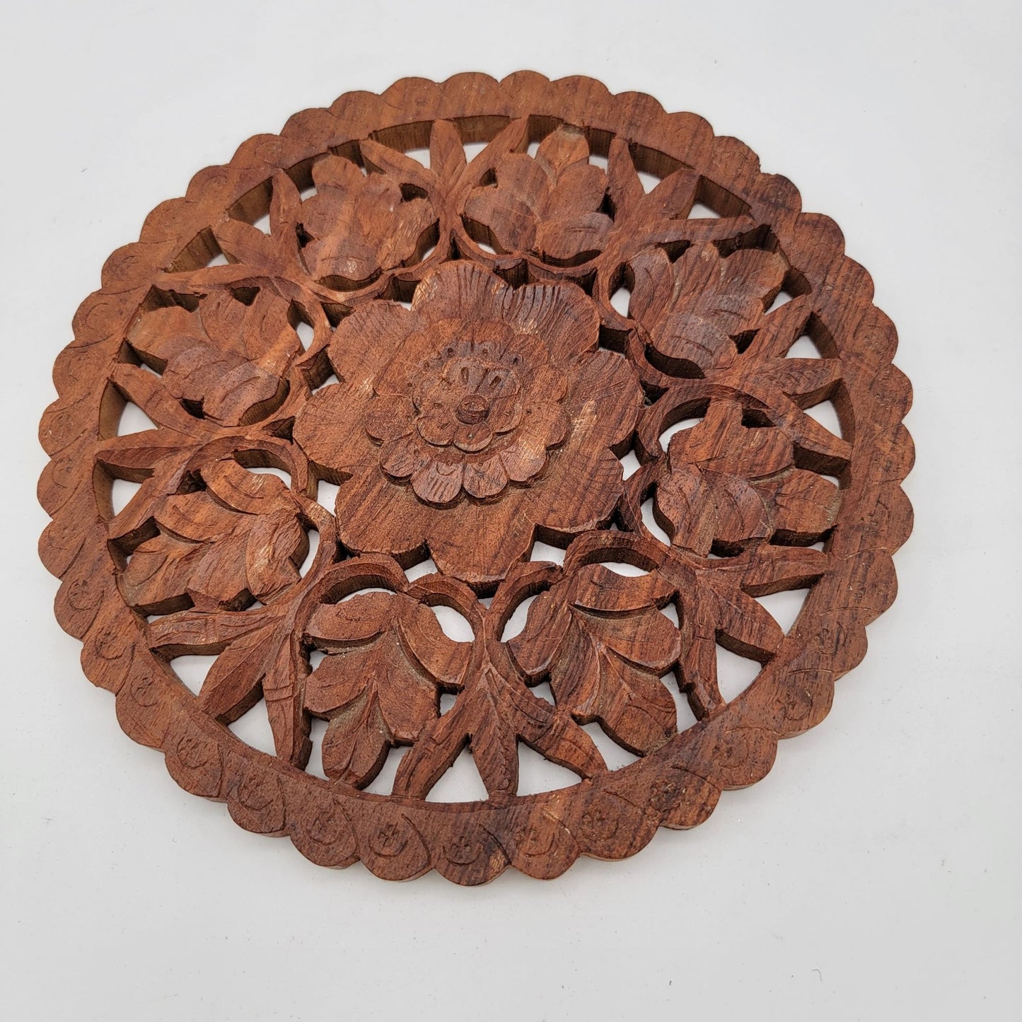 Handcrafted Vintage Wooden Trivet With Floral Carving