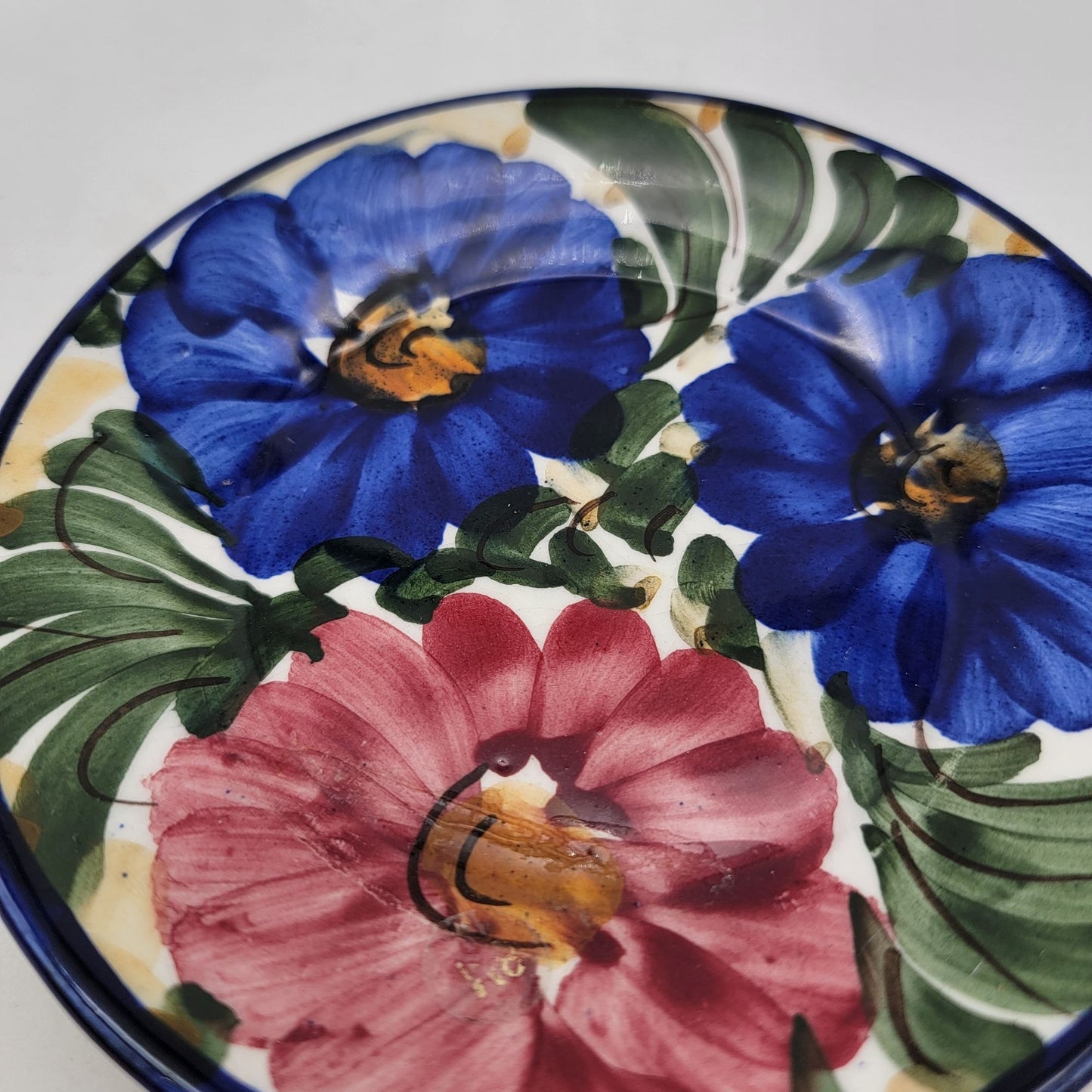 Hand-Painted Floral Dish Blue Pink Green