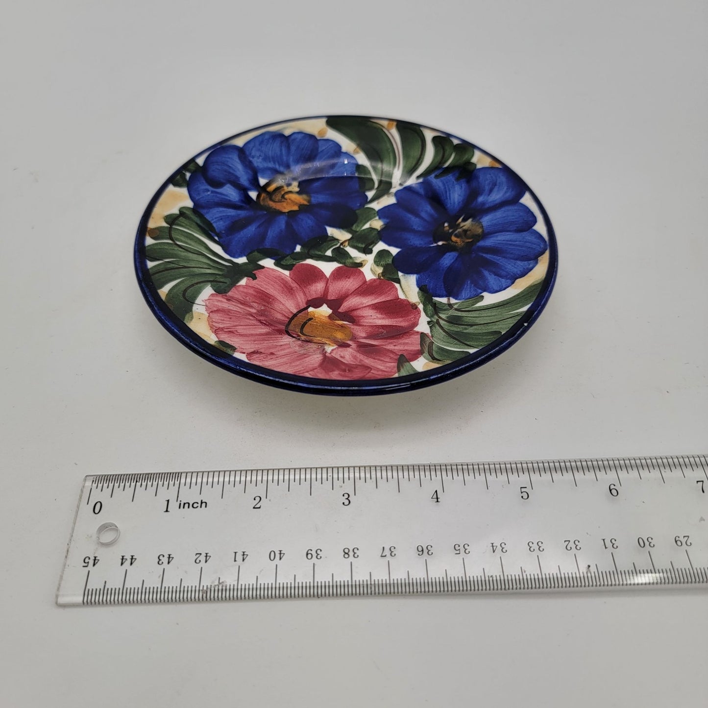 Hand-Painted Floral Dish Blue Pink Green