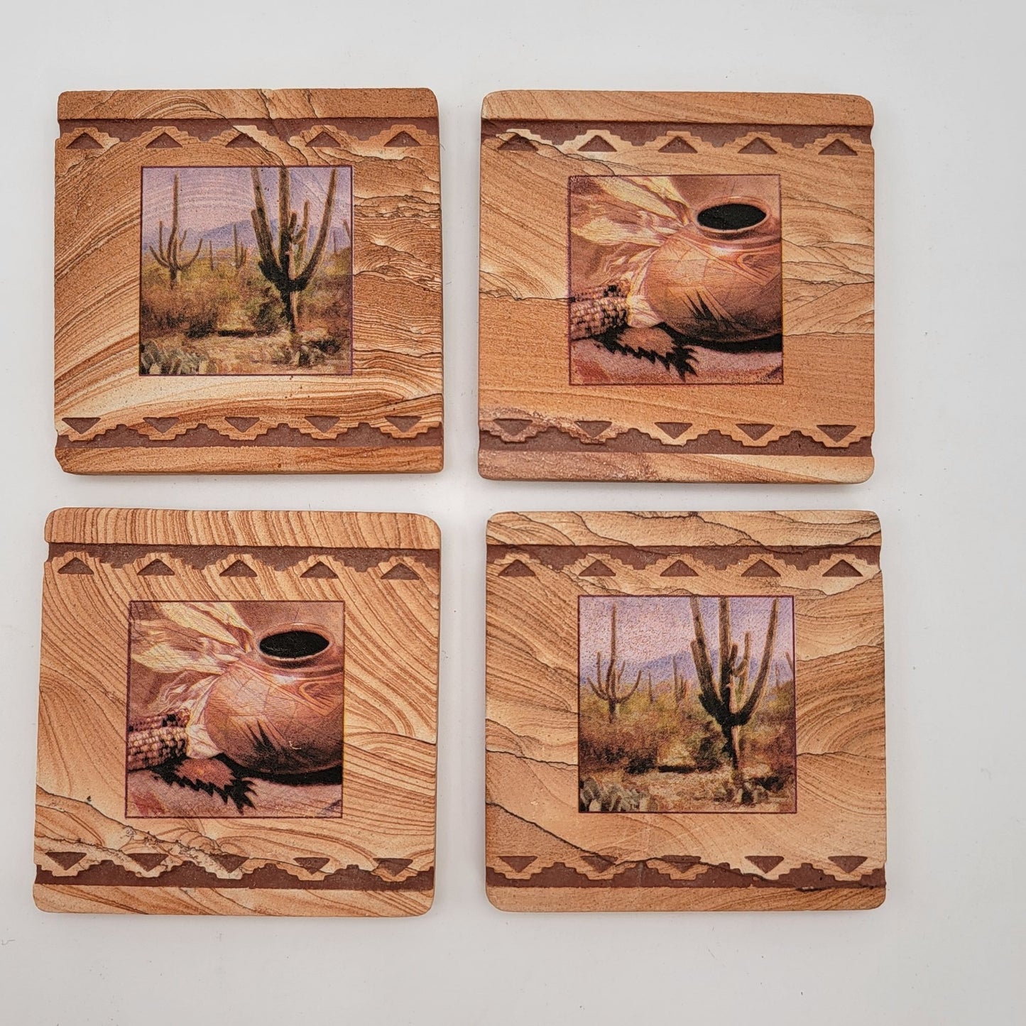 Set Of 4 Vintage Southwestern Sandstone Coasters With Cactus & Pottery Design