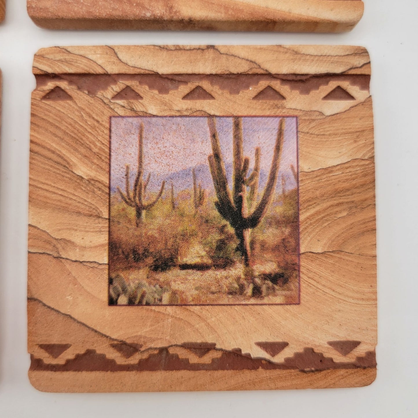 Set Of 4 Vintage Southwestern Sandstone Coasters With Cactus & Pottery Design