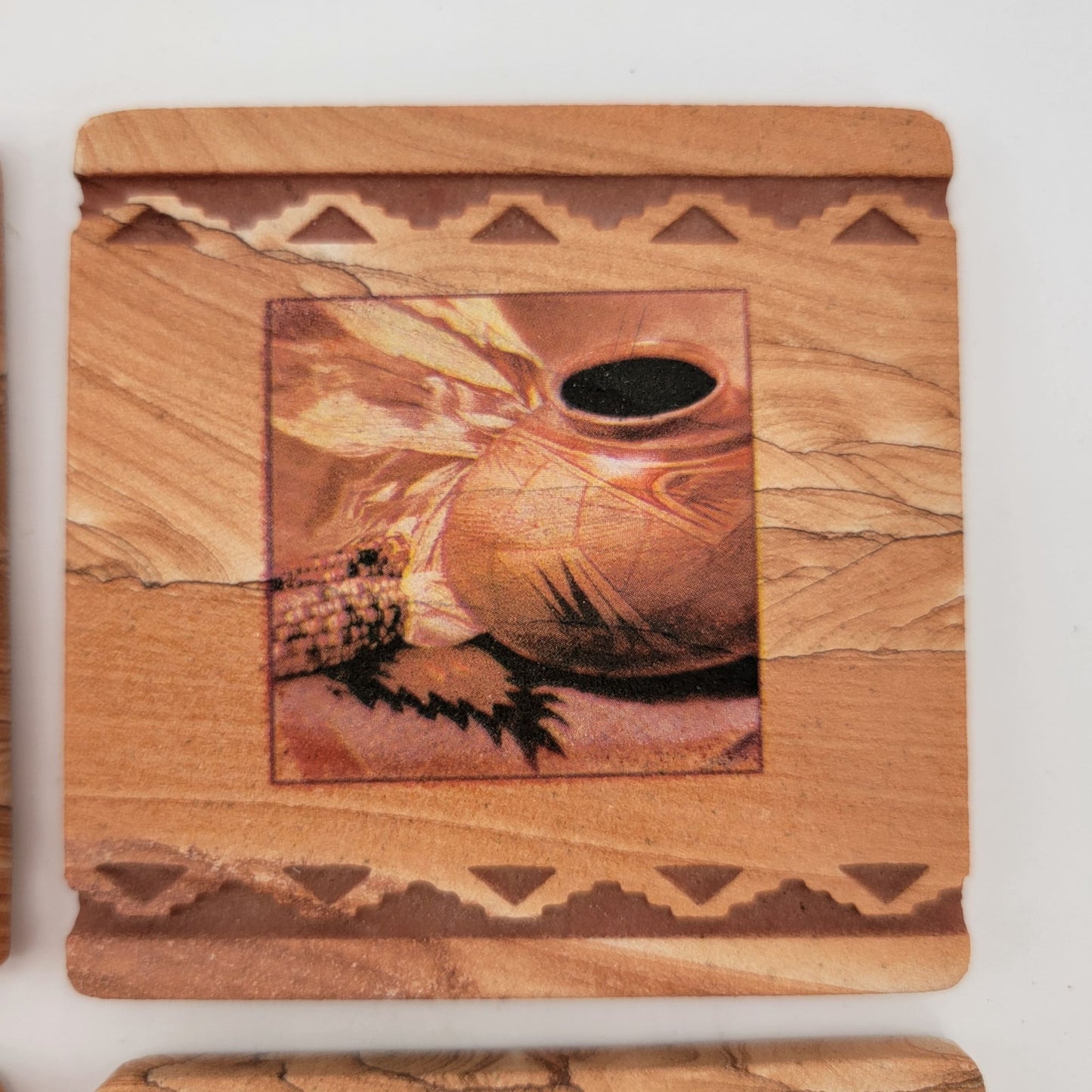 Set Of 4 Vintage Southwestern Sandstone Coasters With Cactus & Pottery Design