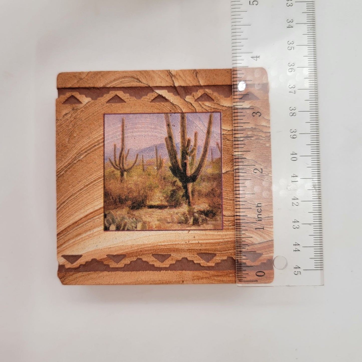 Set Of 4 Vintage Southwestern Sandstone Coasters With Cactus & Pottery Design