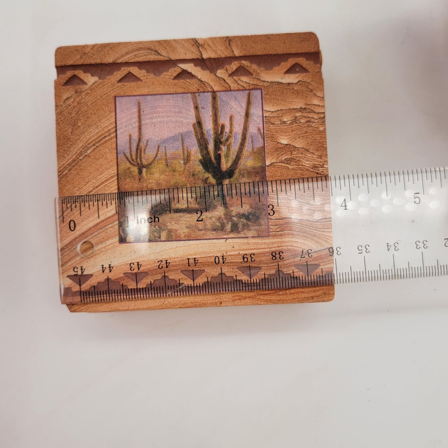 Set Of 4 Vintage Southwestern Sandstone Coasters With Cactus & Pottery Design