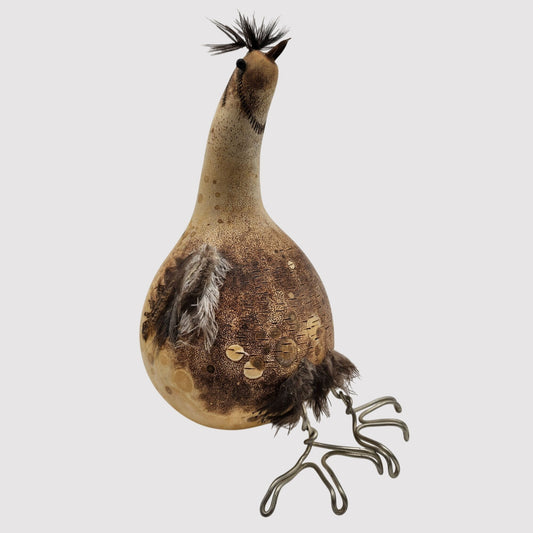Handcrafted Gourd Art Bird Figurine With Metal Feet & Feather Accents By Lauri 1994