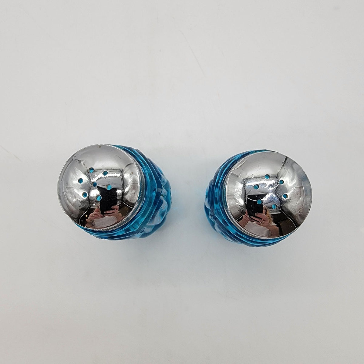 1960s L.E. Smith Moon & Stars Colonial Blue Glass Salt & Pepper Shakers