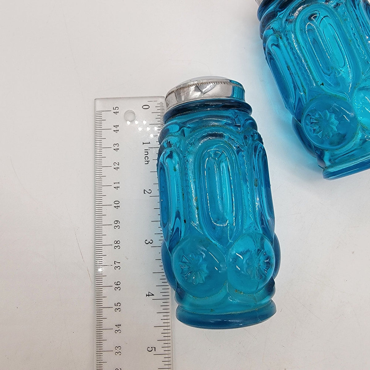 1960s L.E. Smith Moon & Stars Colonial Blue Glass Salt & Pepper Shakers