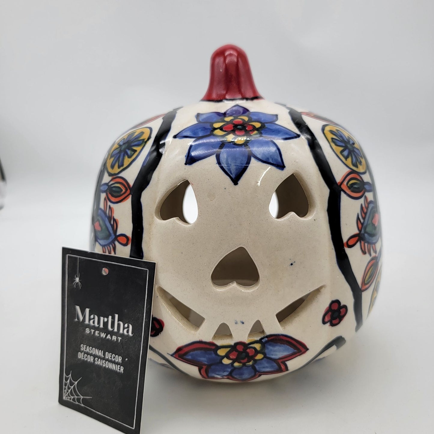 Talavera Style Halloween Pumpkin Jack-O-Lantern White with Large Blue Flower