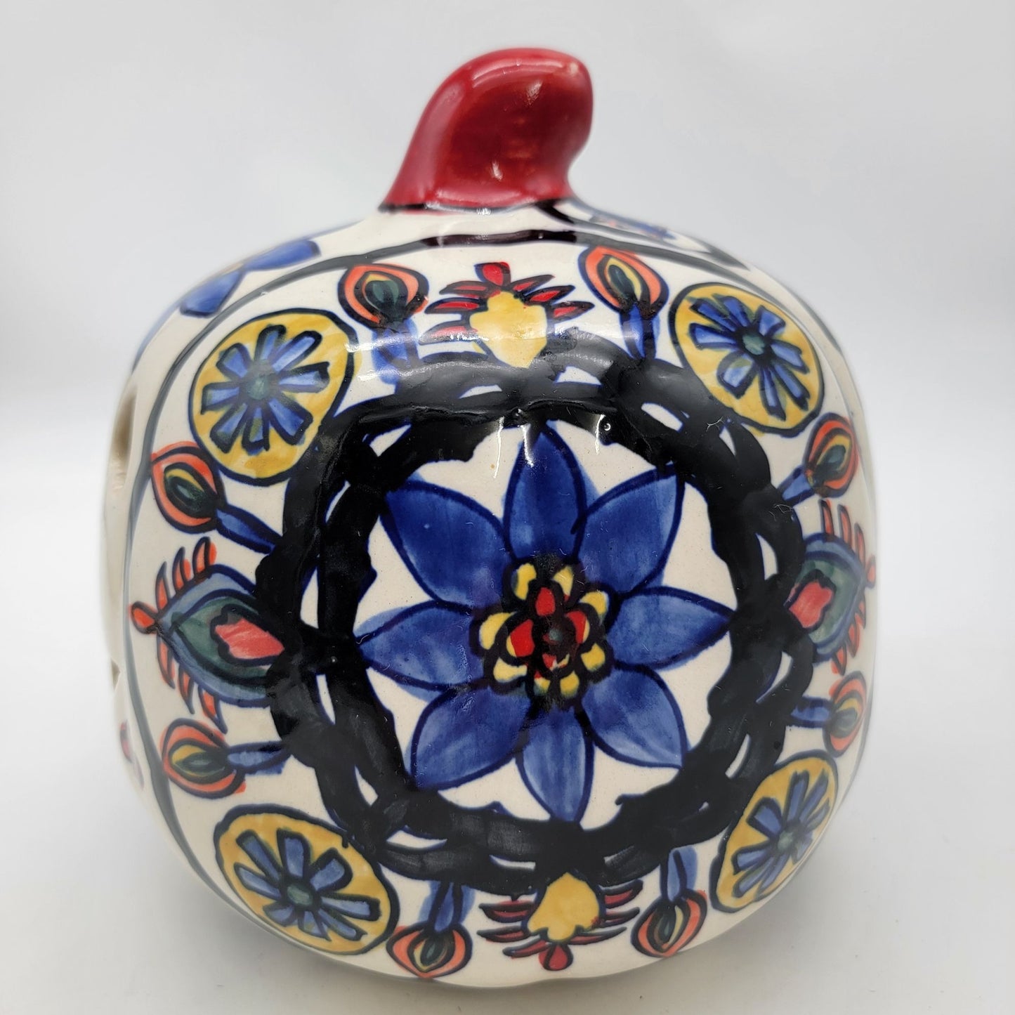 Talavera Style Halloween Pumpkin Jack-O-Lantern White with Large Blue Flower