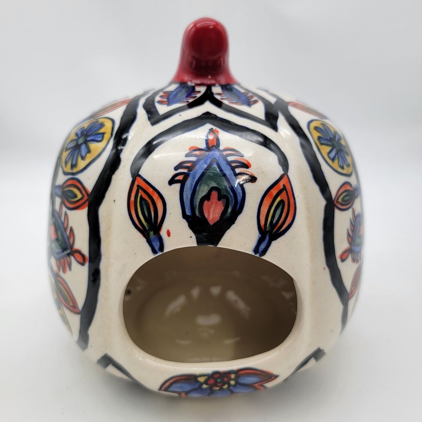 Talavera Style Halloween Pumpkin Jack-O-Lantern White with Large Blue Flower