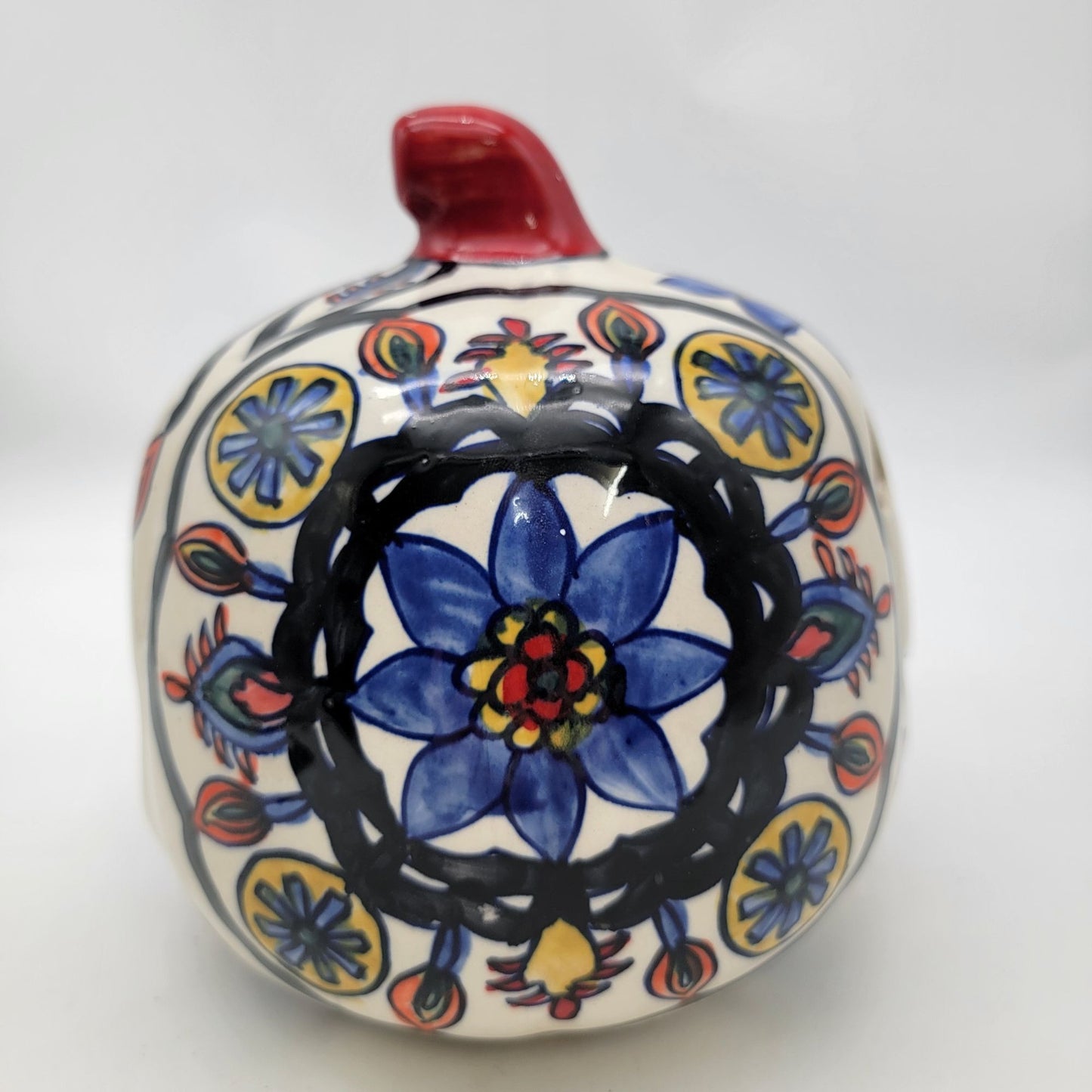 Talavera Style Halloween Pumpkin Jack-O-Lantern White with Large Blue Flower